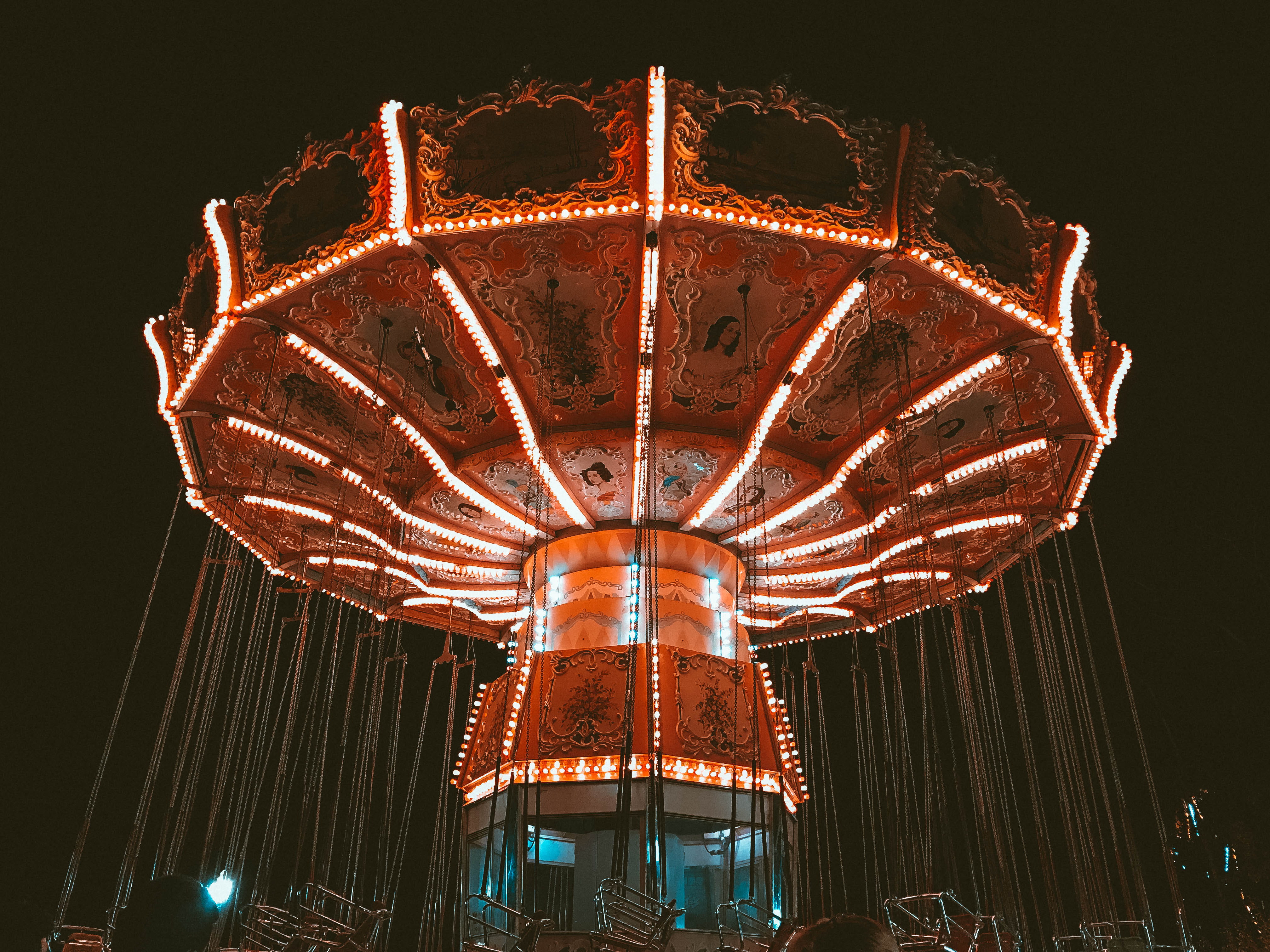 family, lighting equipment, friends, enjoyment, bright lights, low angle view, 4K, night, family fun, leisure activity, motion, fairground, swings, no people, HD Wallpaper