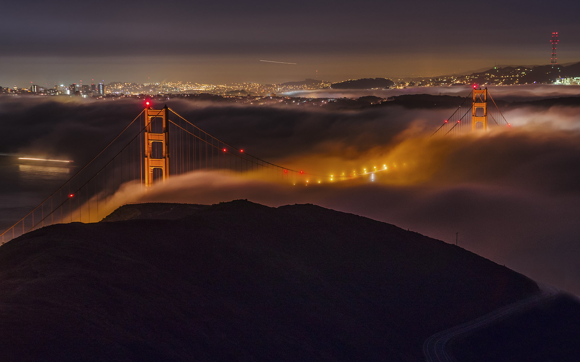 night, nature, hd, 1080P, golden, bridge, mist, san, gate, fog, francisco, lights, HD Wallpaper