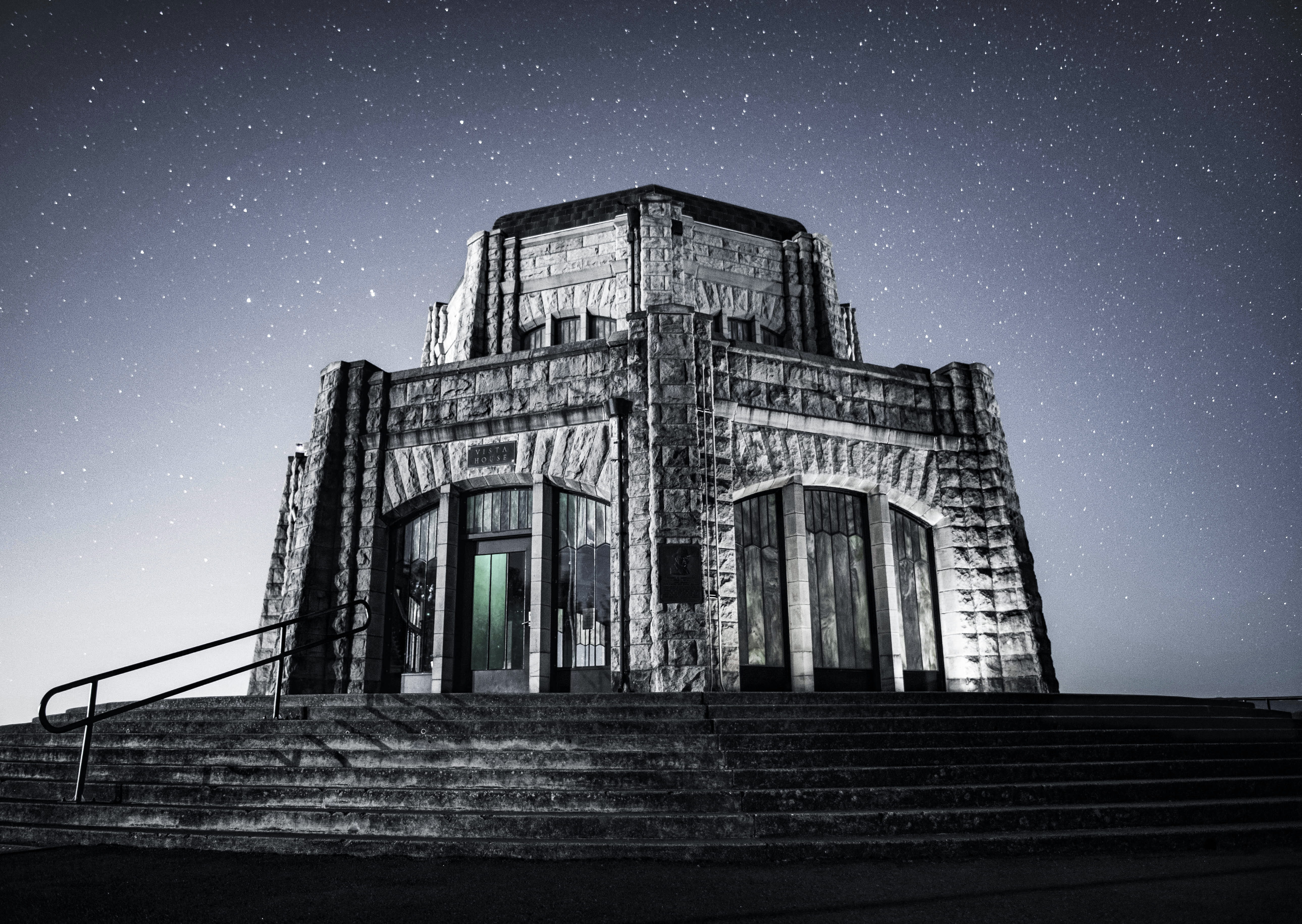 milky way, built structure, brick, abandoned, astrophotography, 5K, space, grayscale, history, sky, clear sky, concrete, steps, star, no people, oregon, HD Wallpaper