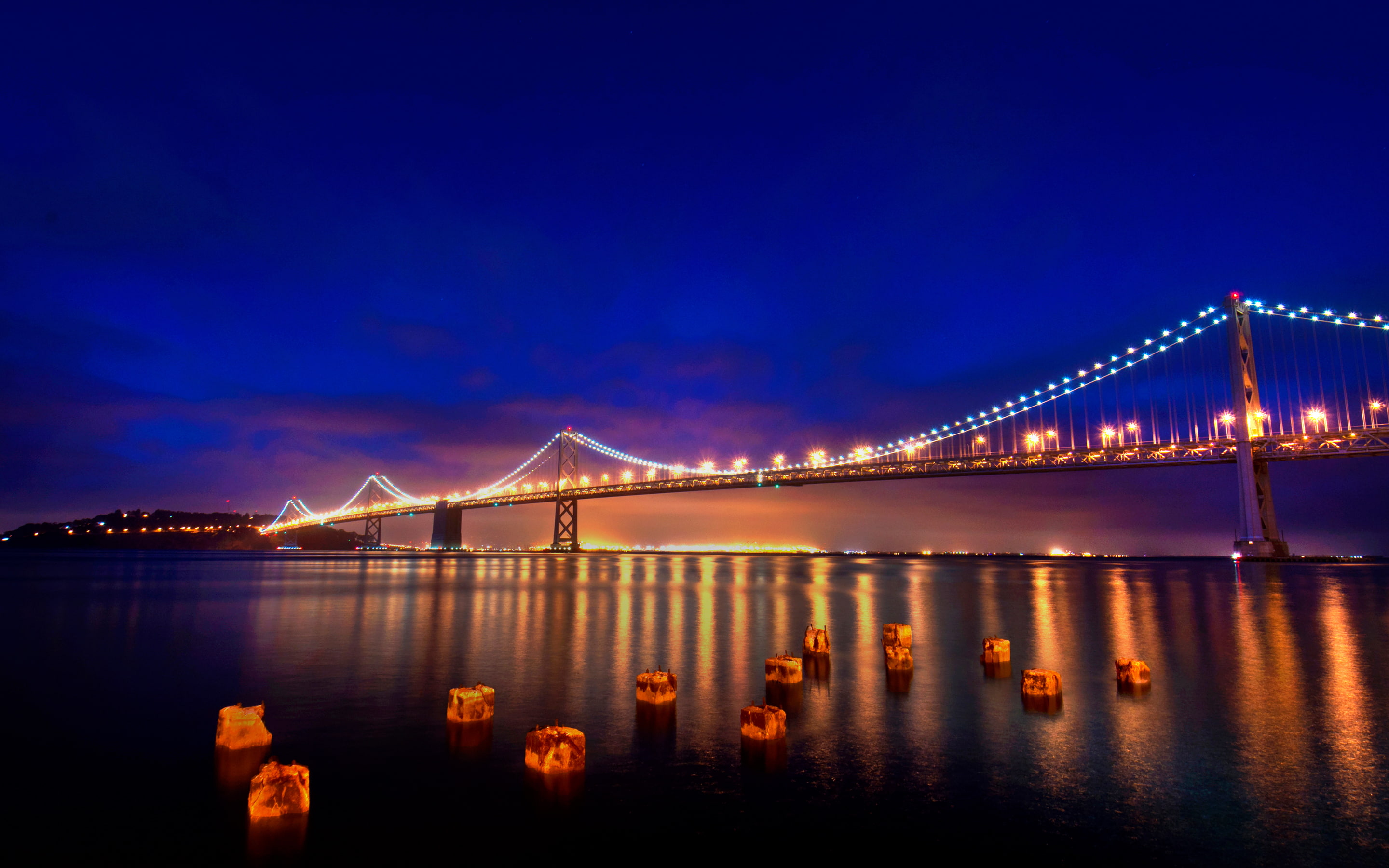 San Francisco–Oakland Bay Bridge, San Francisco, 2K, Night lights, HD, HD Wallpaper