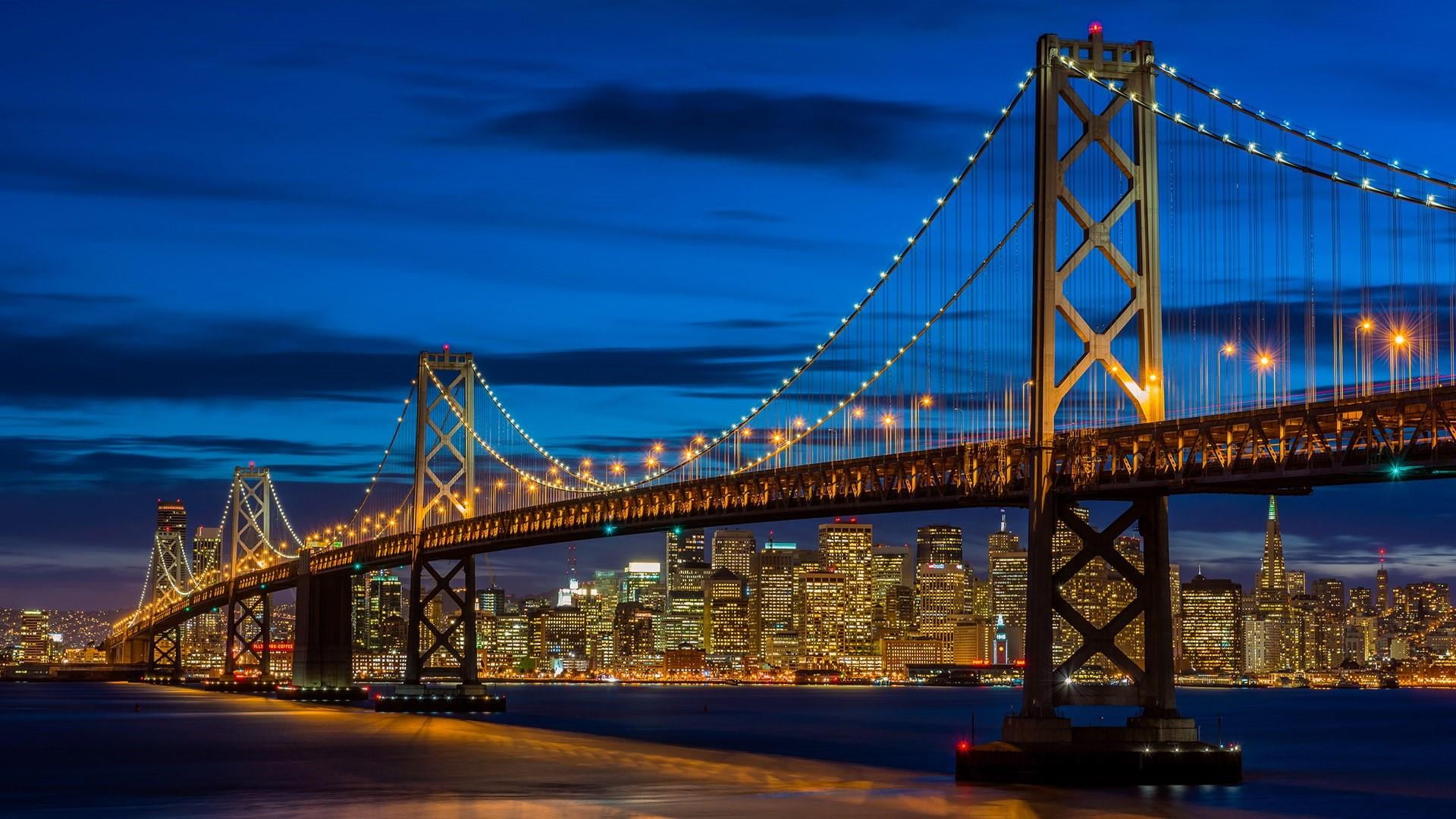 river, nature, bay, reflection, bridge, san francisco–oakland bay bridge, built structure, landmark, illuminated, 1080P, cityscape, city, travel, suspension bridge, HD Wallpaper