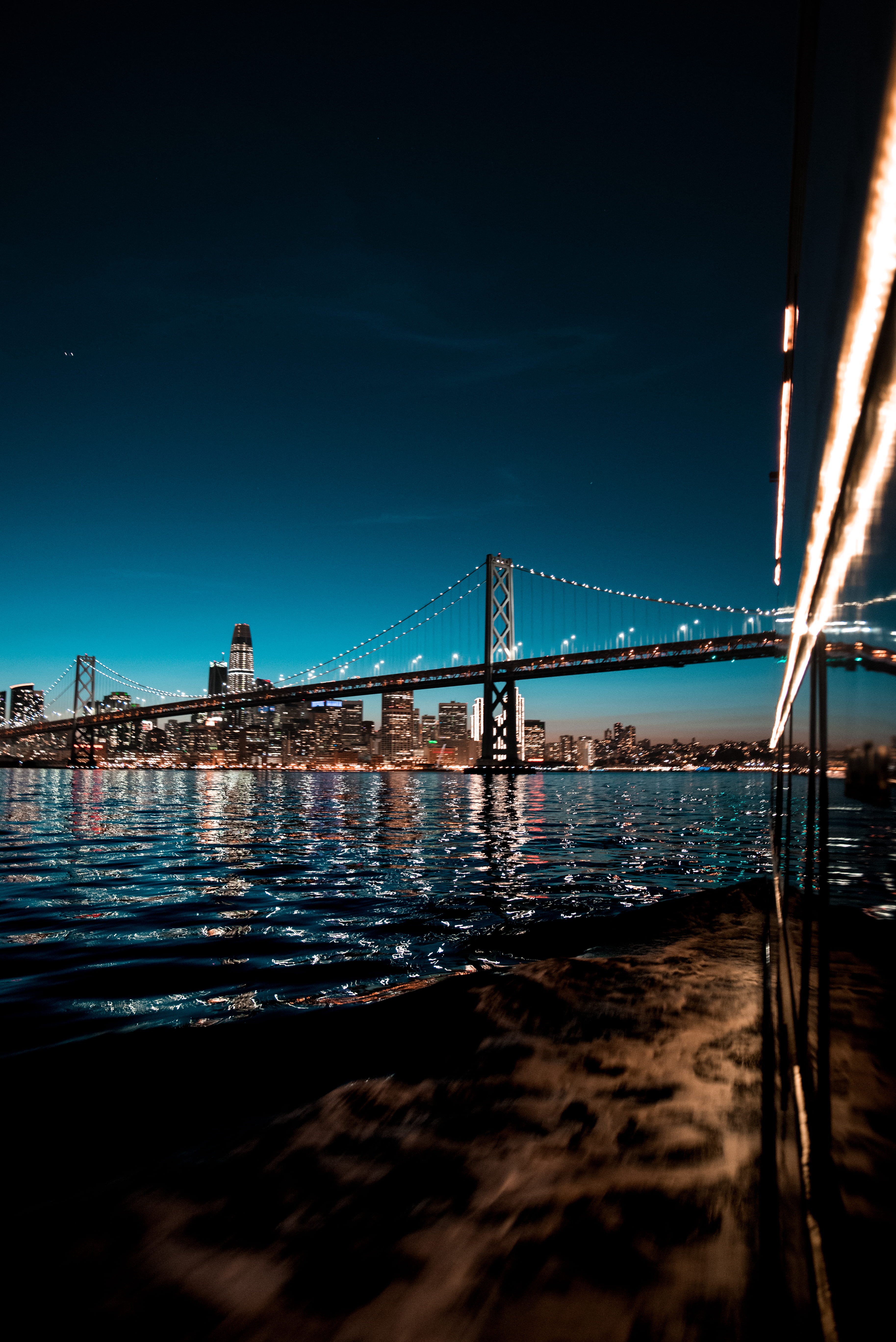 5K, california, connection, reflection, night, nighttime, sea, transportation, bridge, san, standing, truss, outdoors, nature, ocean, lifestyles, wave, Phone HD Wallpaper