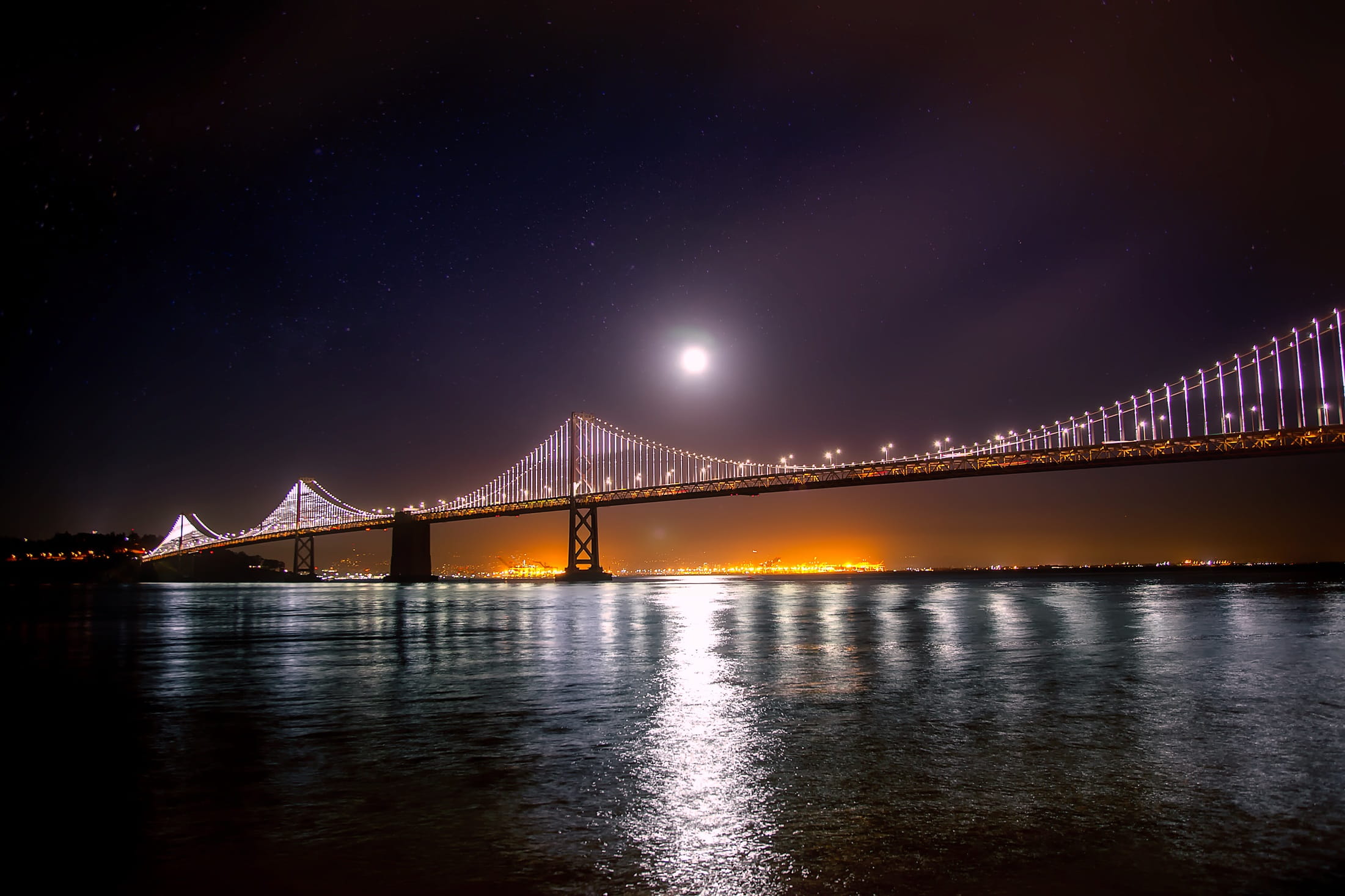 bridge - man made structure, sky, illuminated, 1080P, no people, built structure, waterfront, river, reflections, beautiful, oakland, reflection, dark, HD Wallpaper
