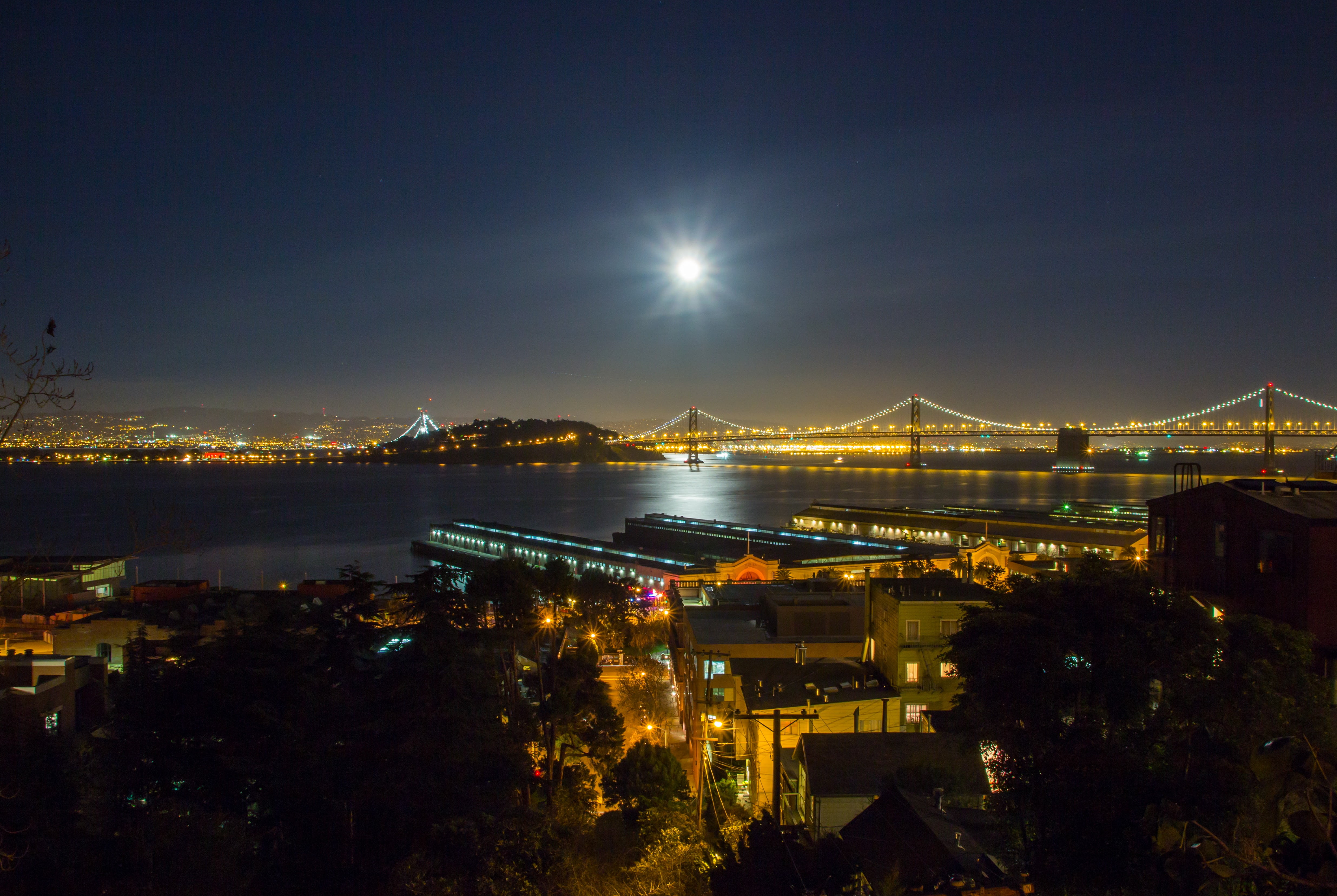 transportation, light, building, night, nature, building exterior, san francisco, bridge, built structure, california, architecture, outdoors, water, illuminated, HD Wallpaper