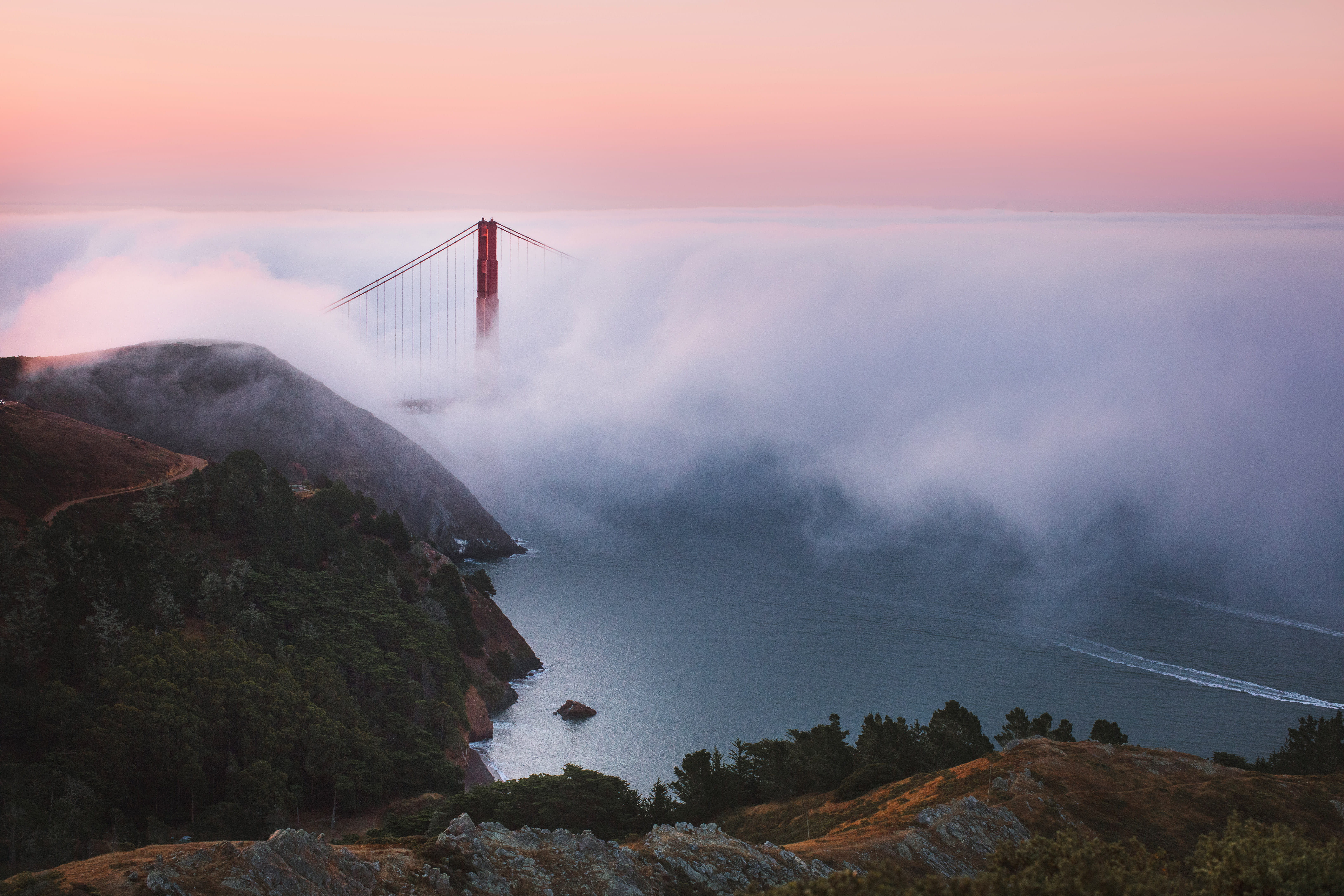 covered, beauty in nature, united states, no people, cloud - sky, sky, rock, ocean, bridge, headland, water, nature, sunset, dawn, scenics - nature, coast, HD Wallpaper