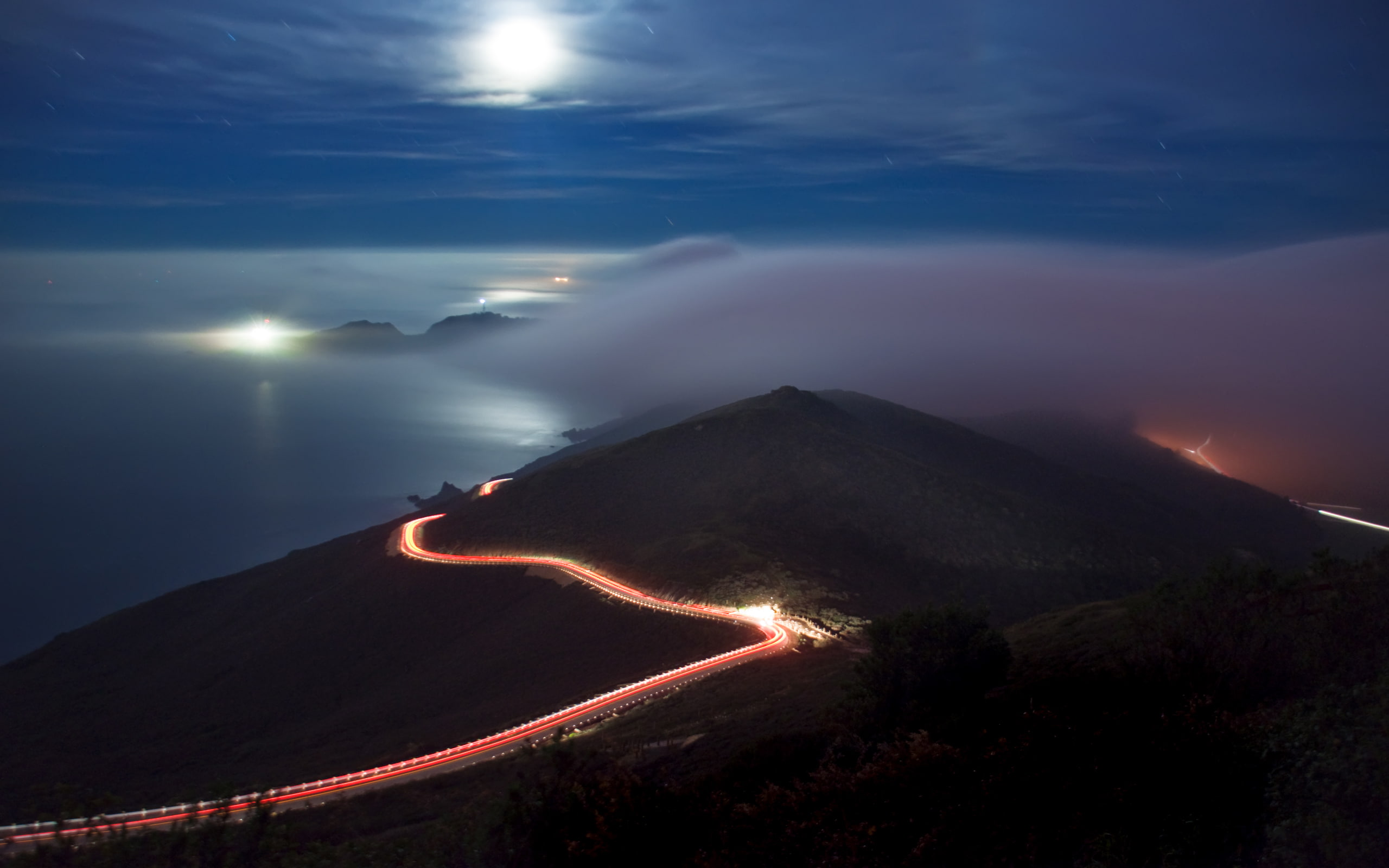 Earth, Road, 2K, Fog, California, Marin Headlands, Night, HD Wallpaper
