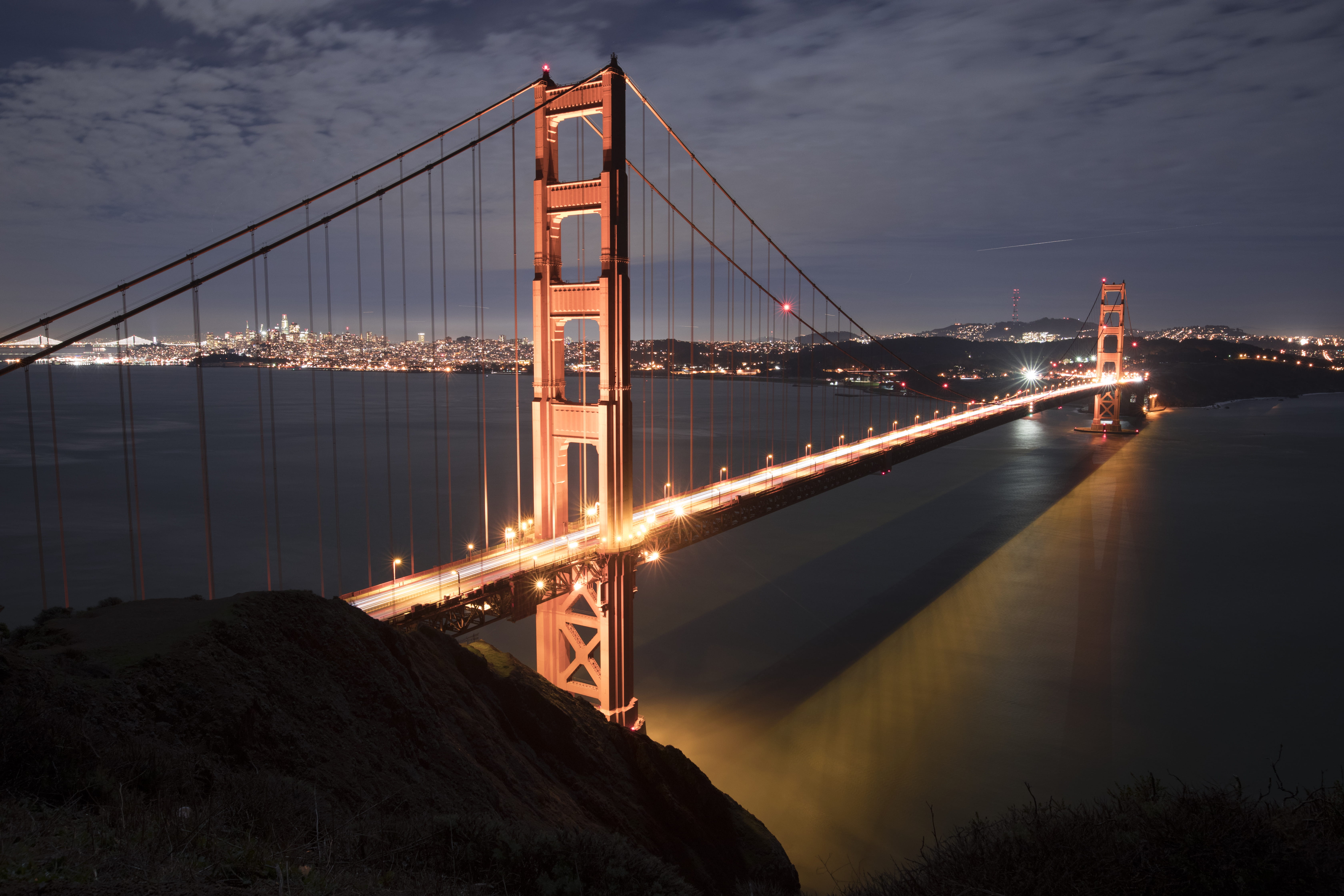 outdoors, night, metropolis, city, lights, transportation, headlands, cloud - sky, warm, red, water, built structure, marin, cityscape, sky, suspension bridge, HD Wallpaper