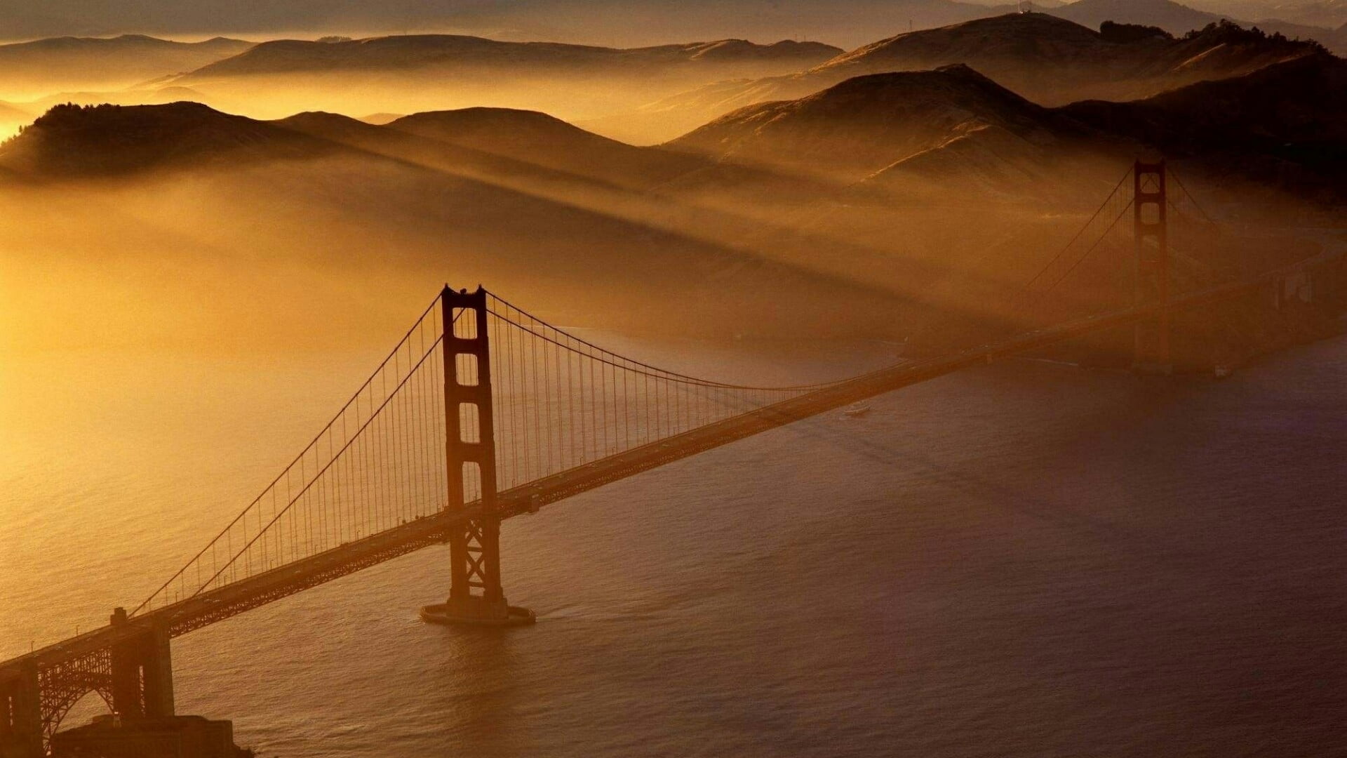golden gate bridge, marin headlands, built structure, connection, water, mountain, bay, sky, calm, sunrise, usa, suspension bridge, san fransisco, sunset, HD Wallpaper