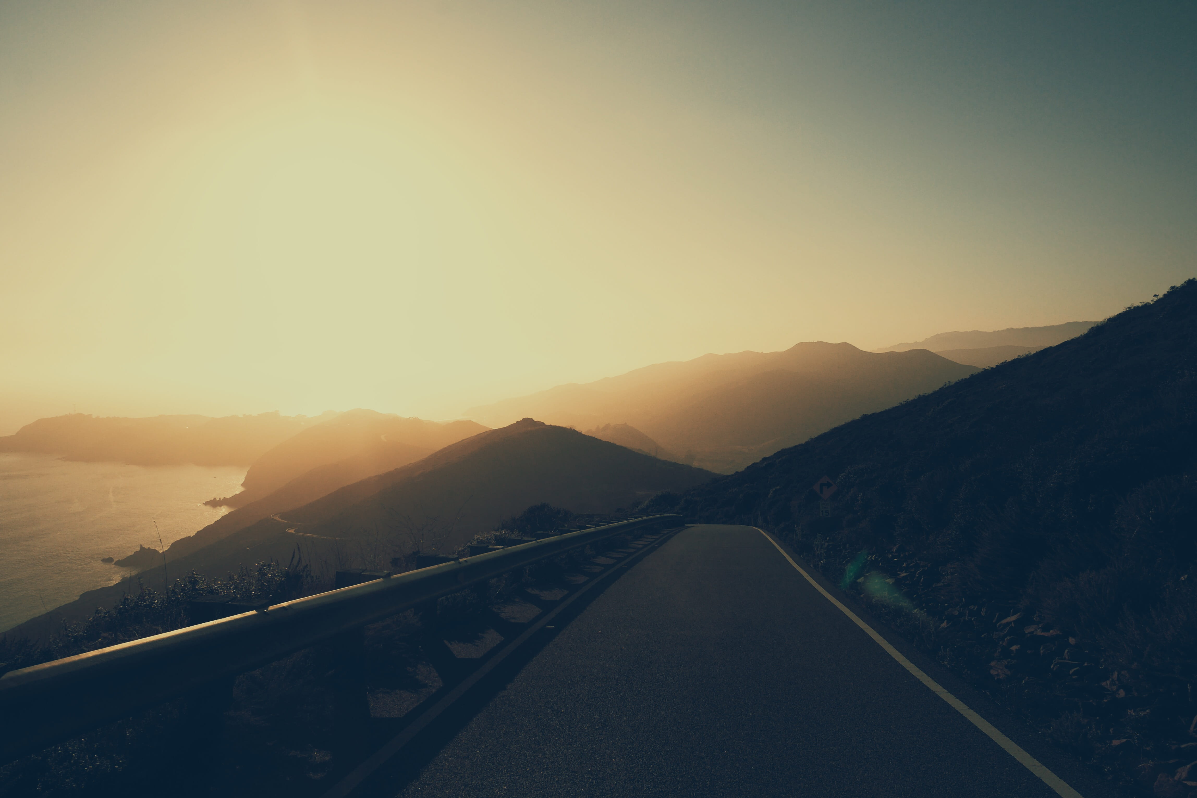marin headlands, sun, outdoors, golden hour, environment, transportation, beauty in nature, 4K, united states, clear sky, diminishing perspective, direction, HD Wallpaper
