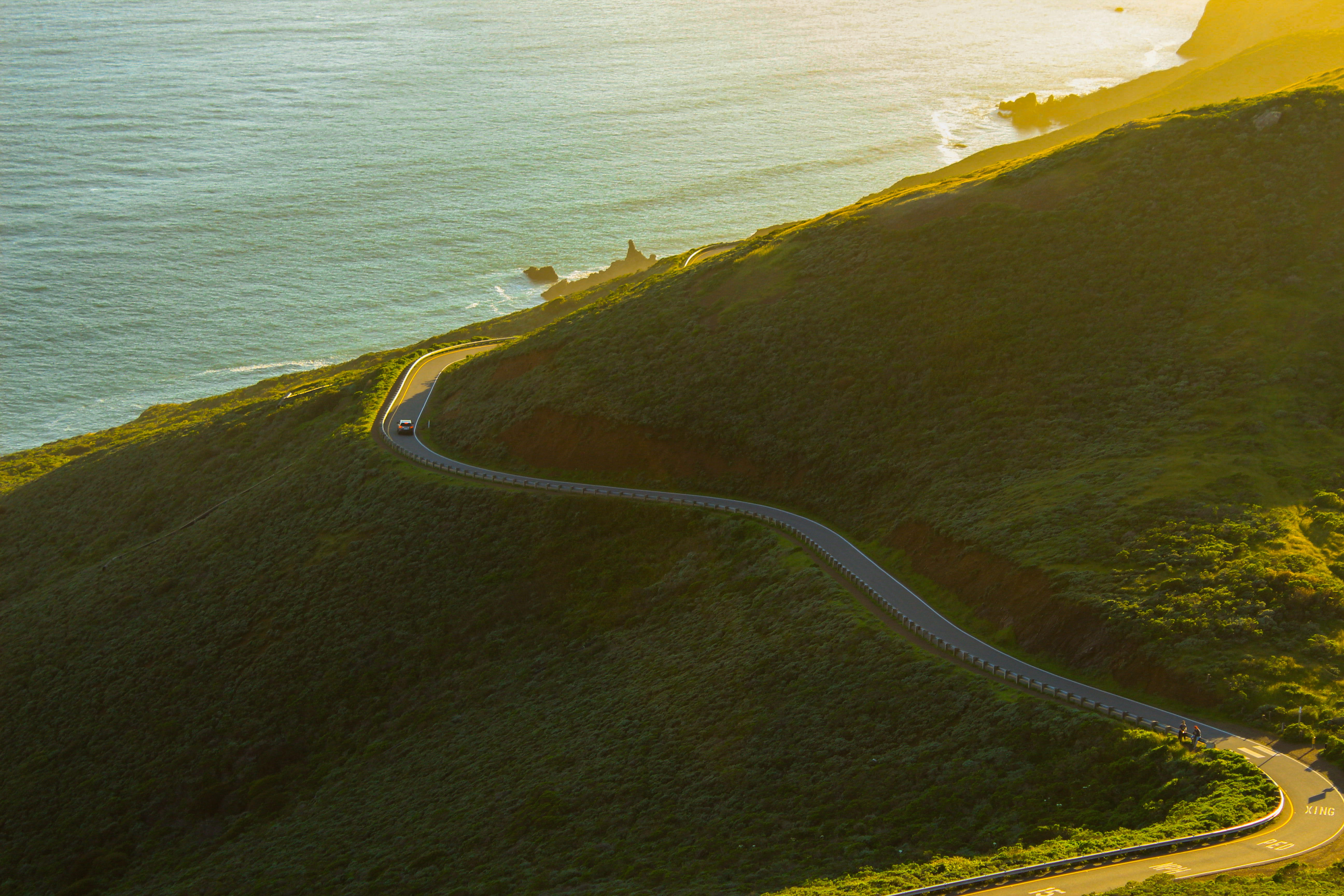 plant, coastline, aerial view, green, view, sea, road, non-urban scene, grassland, grass, landscape, transportation, outdoors, shoreline, land, marin headlands, HD Wallpaper