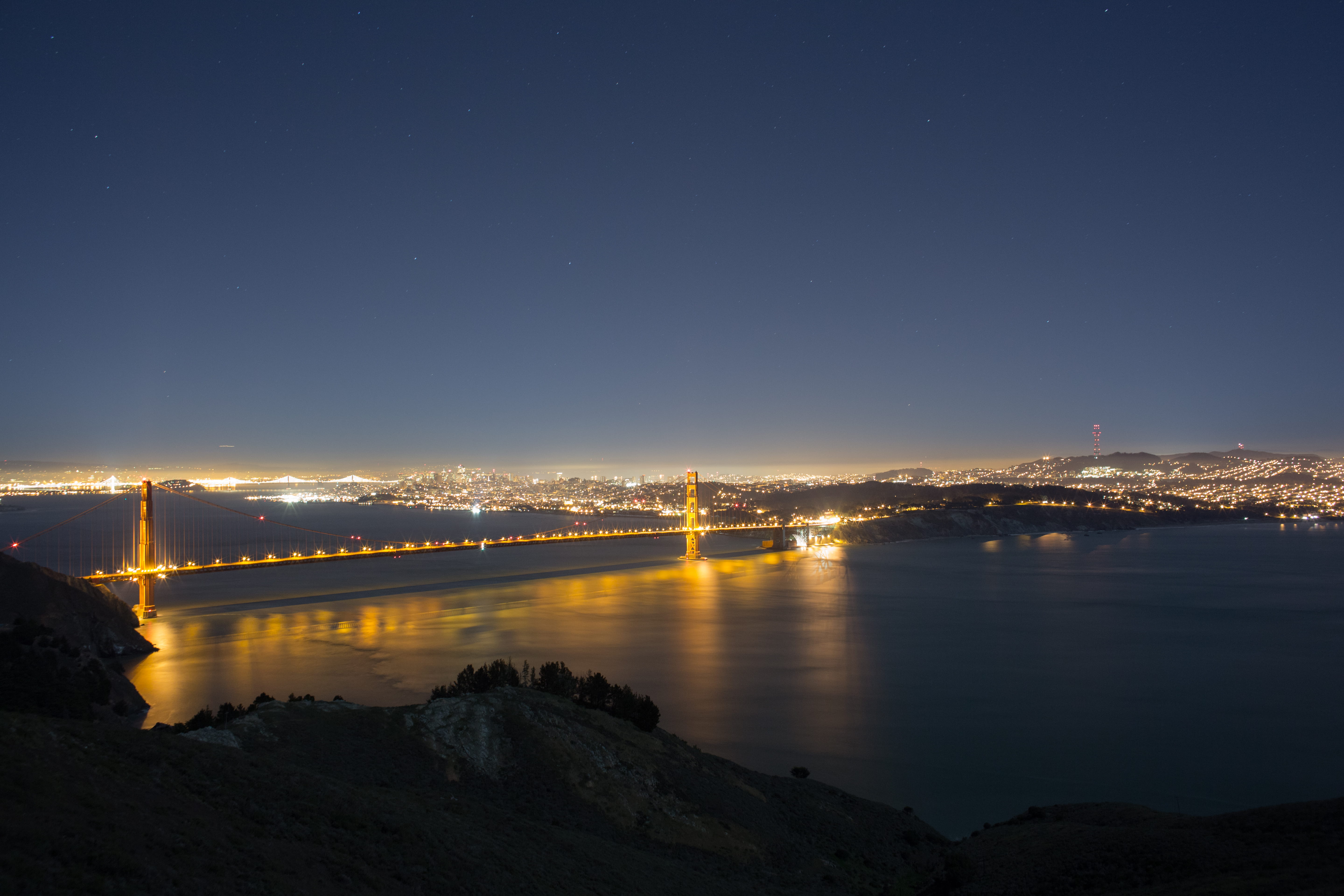 river, golden gate bridge, travel destinations, bridge, 5K, night, bridge - man made structure, marin headlands, nature, long exposure, connection, cityscape, HD Wallpaper