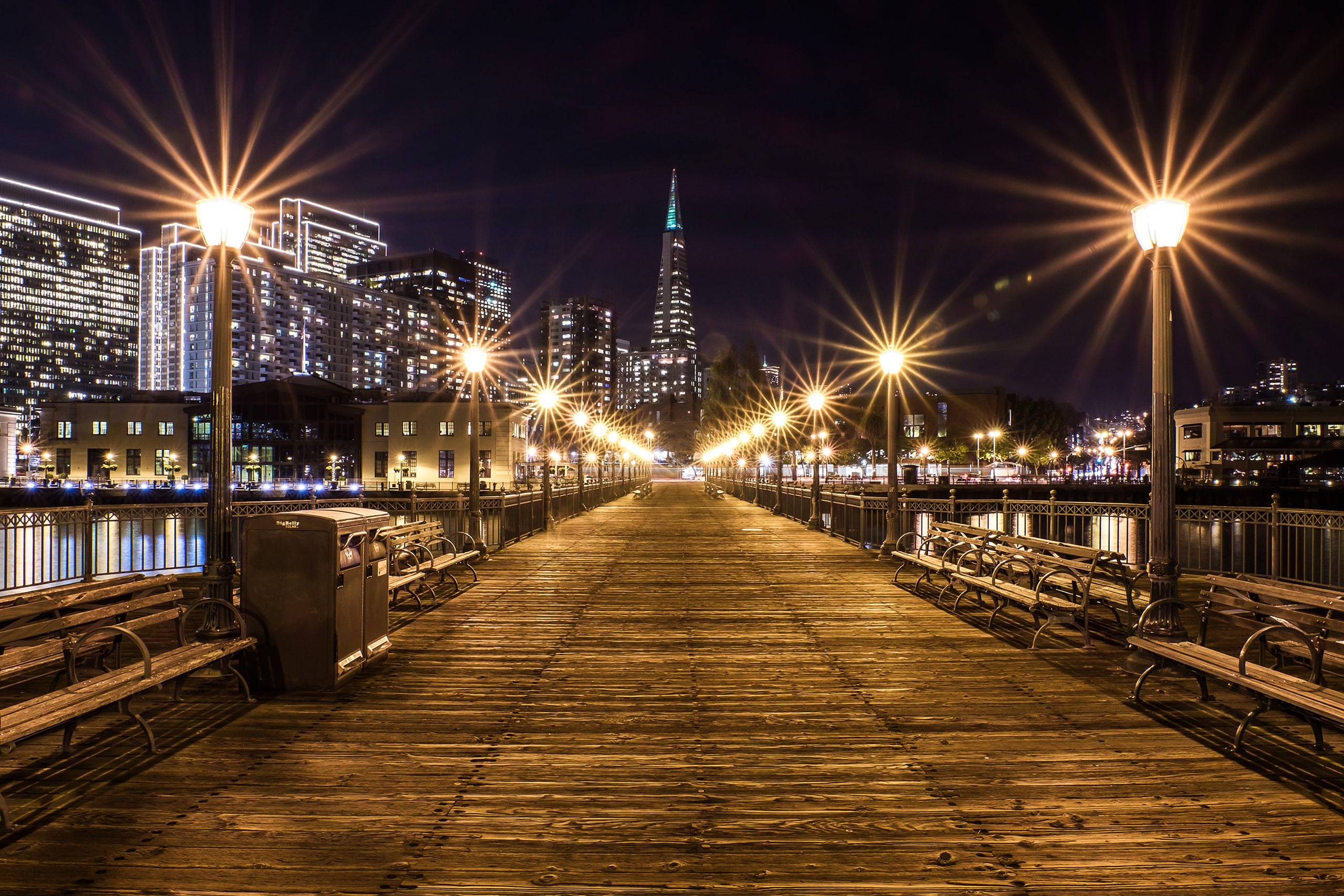 California, river, bridge, 2K, Pier, building, night, home, lights, USA, benches, CA, San Francisco, HD Wallpaper