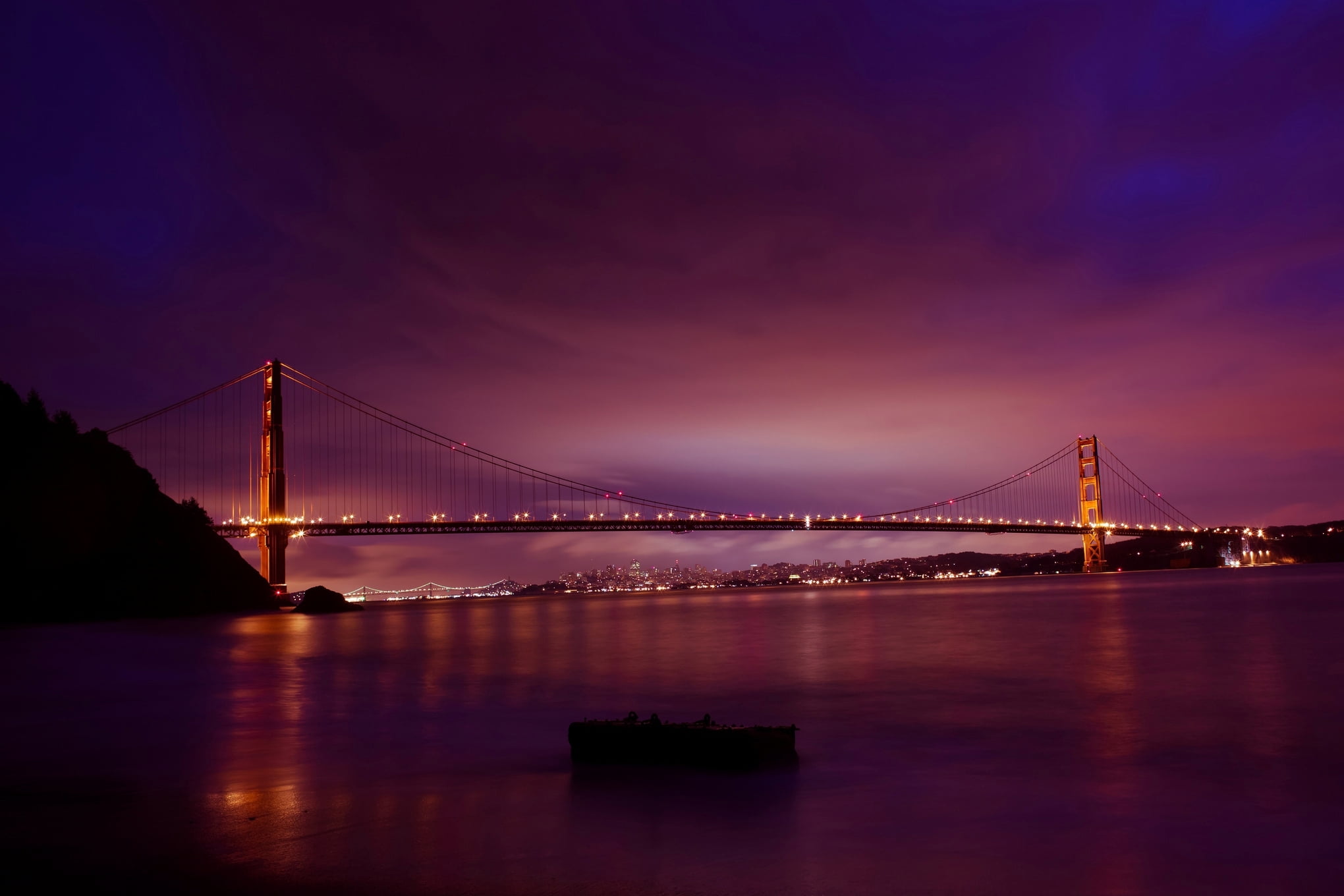 Bay, USA, travel, transportation, bridge, outdoors, nature, lights, the sun, travel destinations, the sky, 1080P, lighting, dawn, long exposure, road, HD Wallpaper