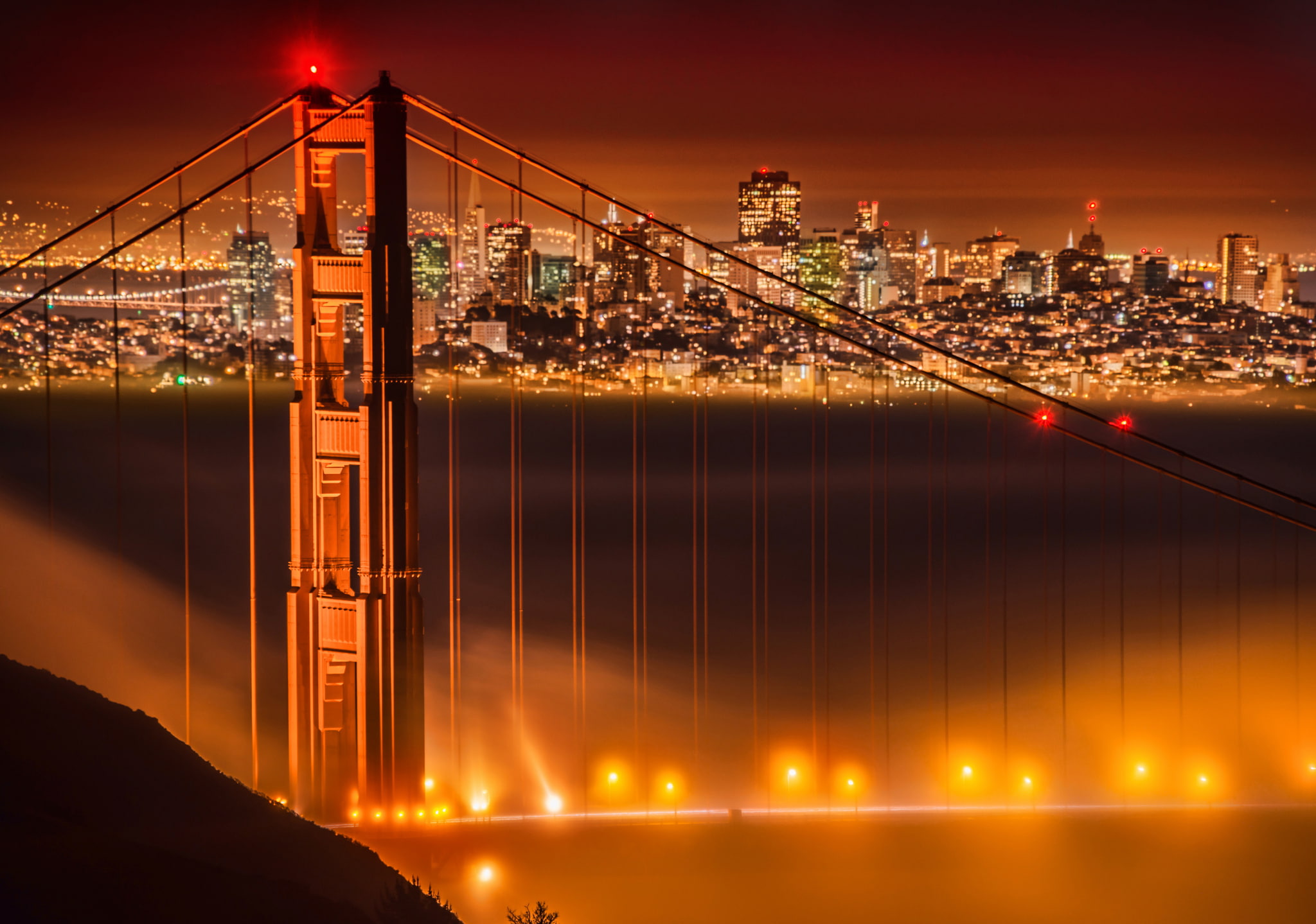 CA, 1080P, bridge, Golden gate, fog, lights, San Francisco, night, HD Wallpaper