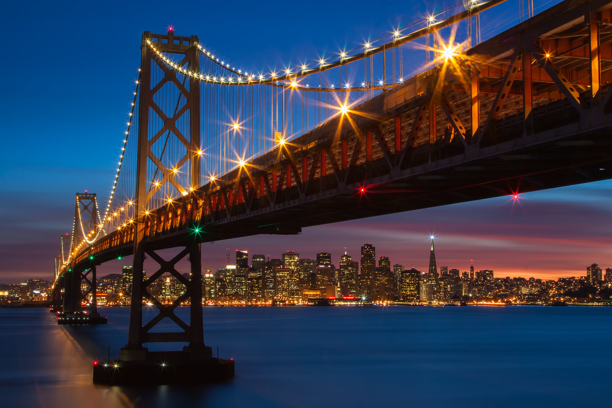 travel destinations, lights, 1080P, illuminated, river, California, city, architecture, bay, the Bay of San Francisco, office building exterior, night, HD Wallpaper