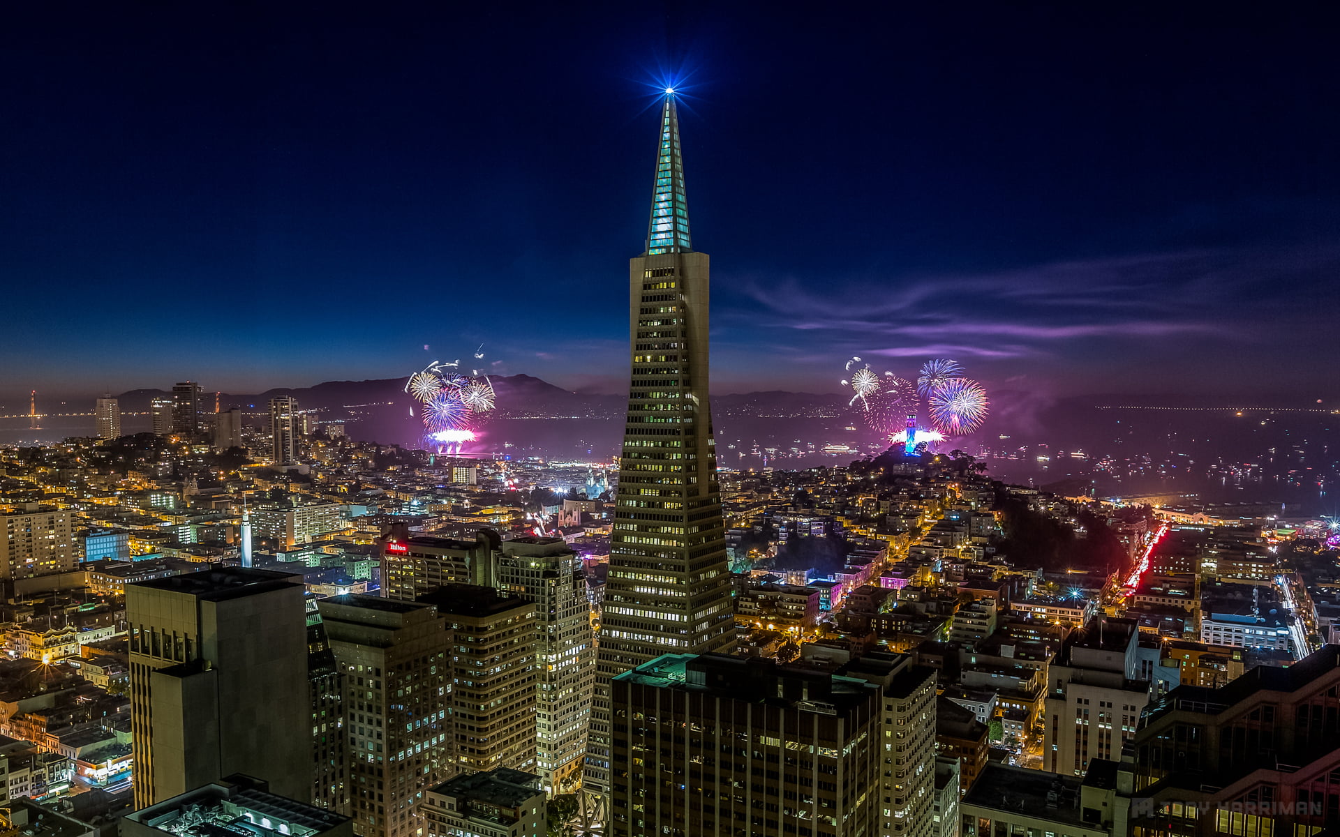 luxury, spire, night, city life, modern, USA, building, tower, 1080P, sky, San Francisco, lights, building exterior, built structure, illuminated, travel destinations, HD Wallpaper