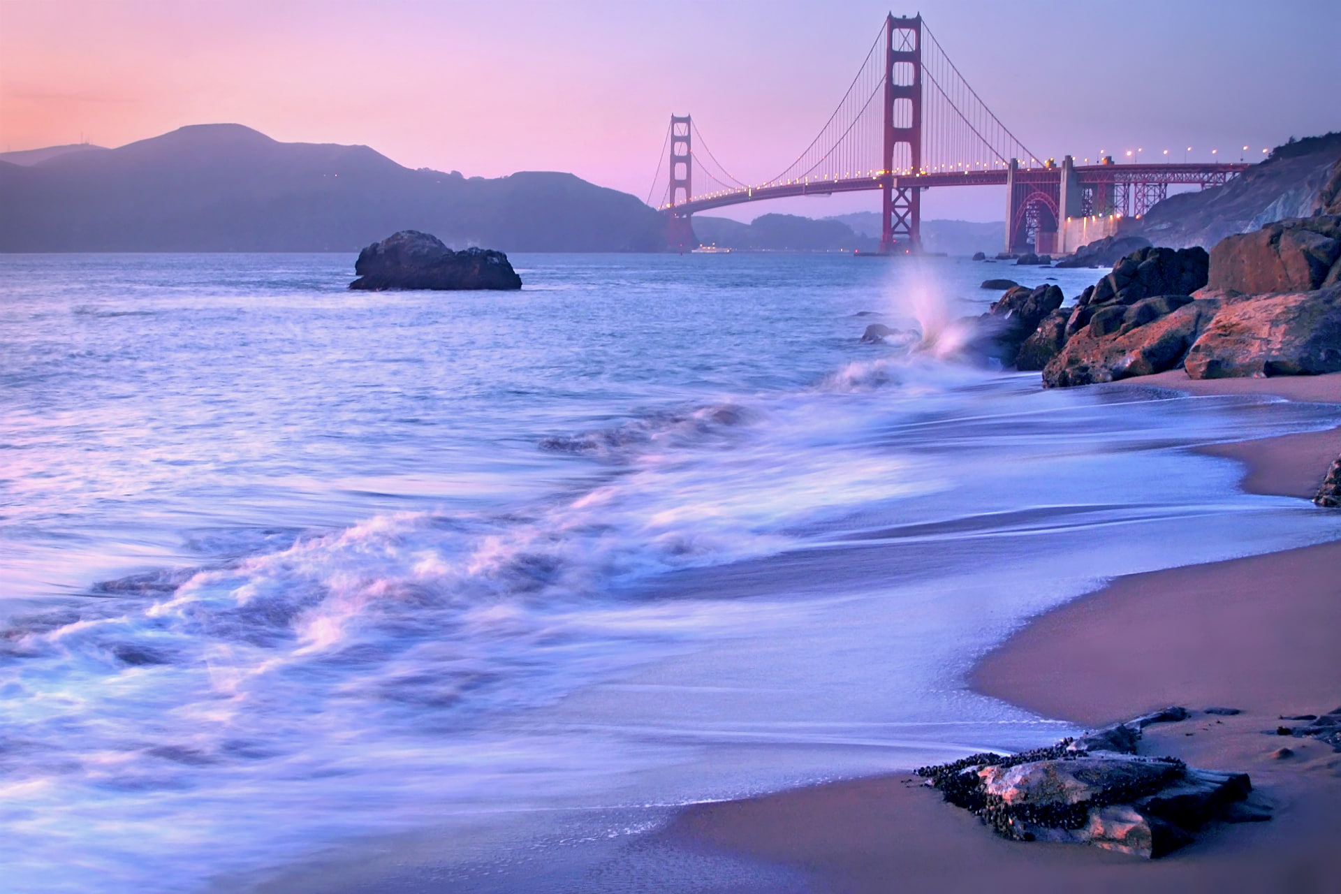 Golden Gate, CA, San Francisco, lilac, landscape, USA, 1080P, Strait, Golden Gate Bridge, bridge, stones, shore, California, the evening, HD Wallpaper