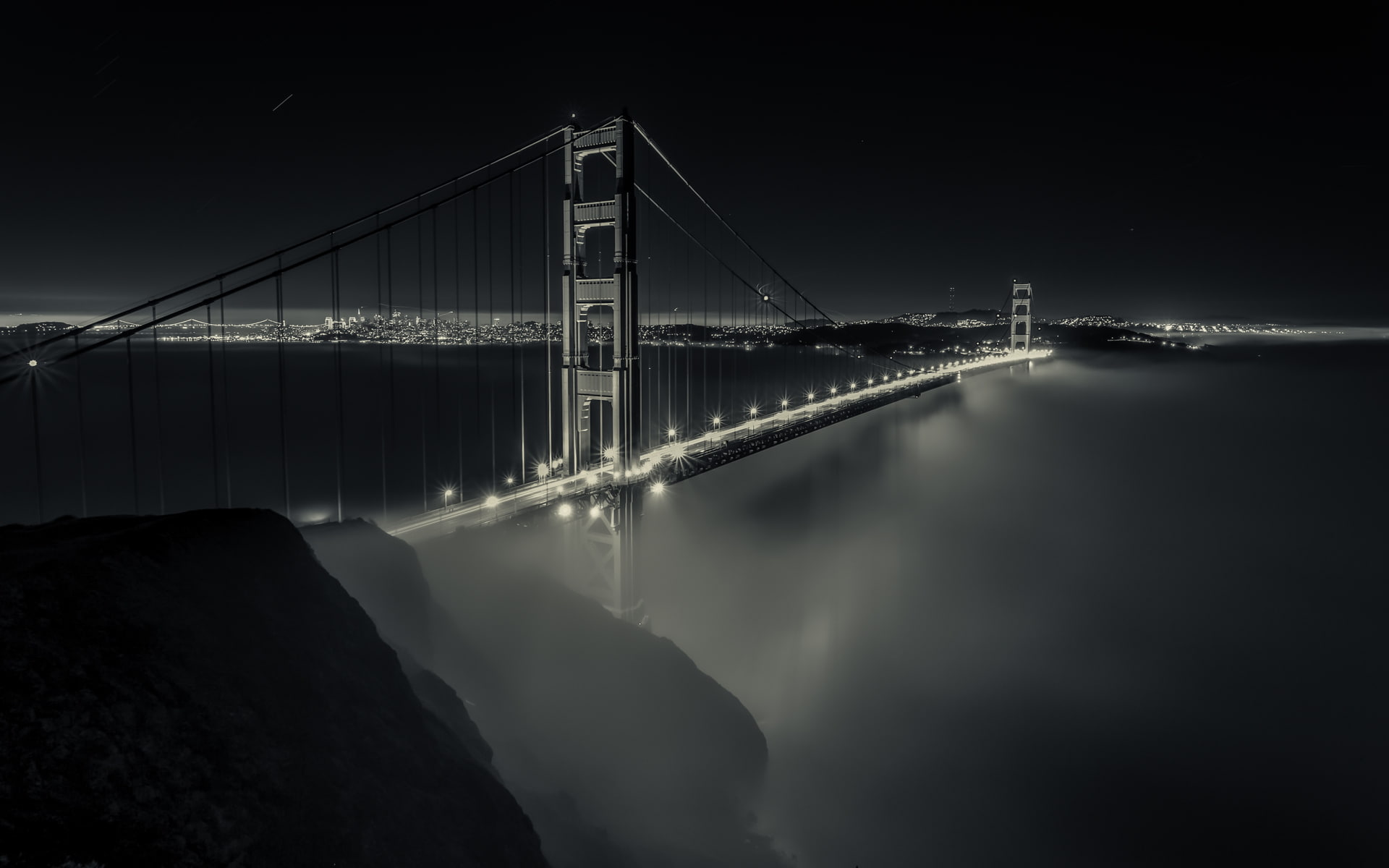 gate, lights, CA, photography, 1080P, California, bridge, golden, San Francisco, fog, grayscale, san, francisco, Bay Bridge, HD Wallpaper
