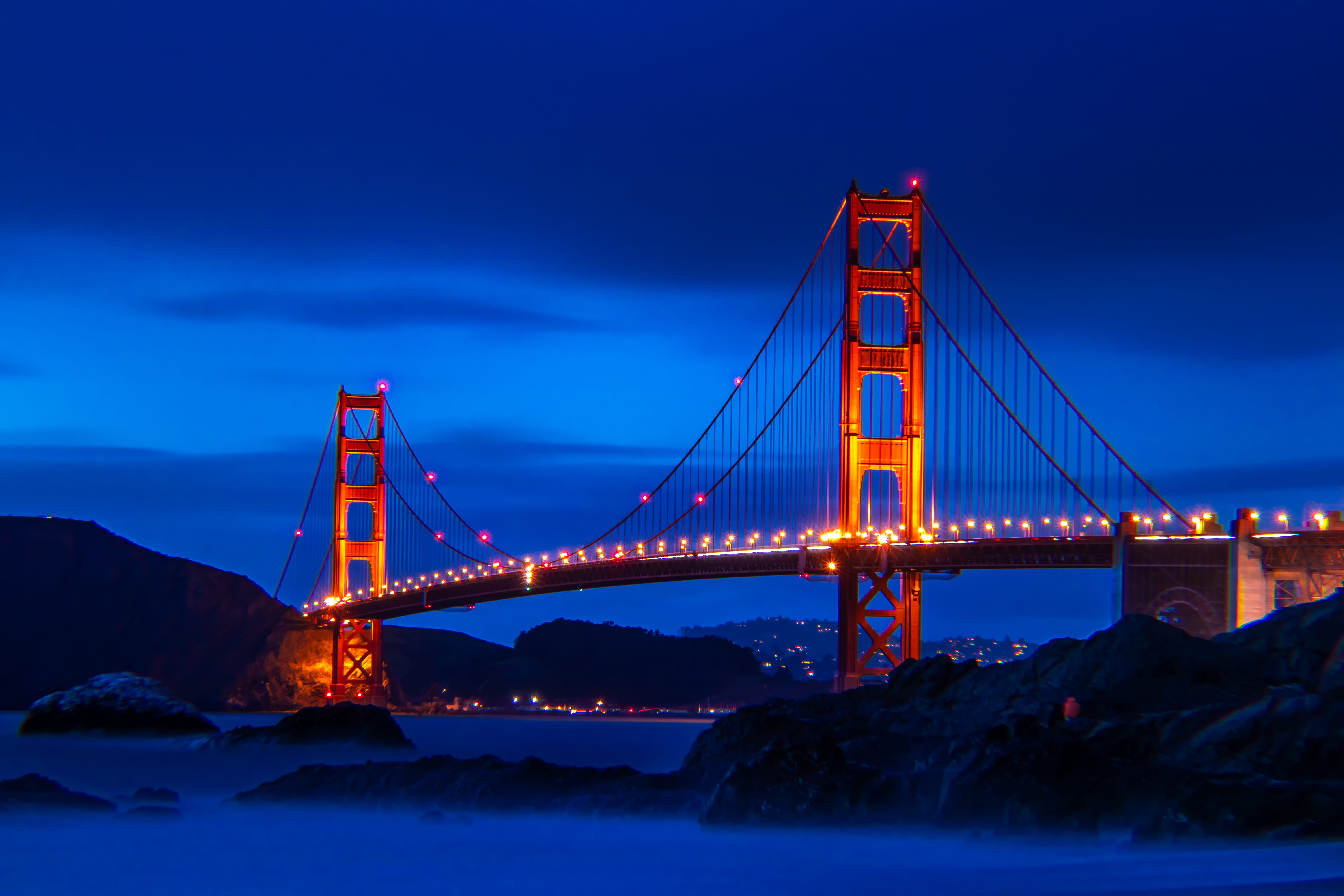 baker beach, lights, travel destinations, san francisco, bay of water, night, dusk, landscape, architecture, francisco, blue, suspension bridge, water, HD Wallpaper