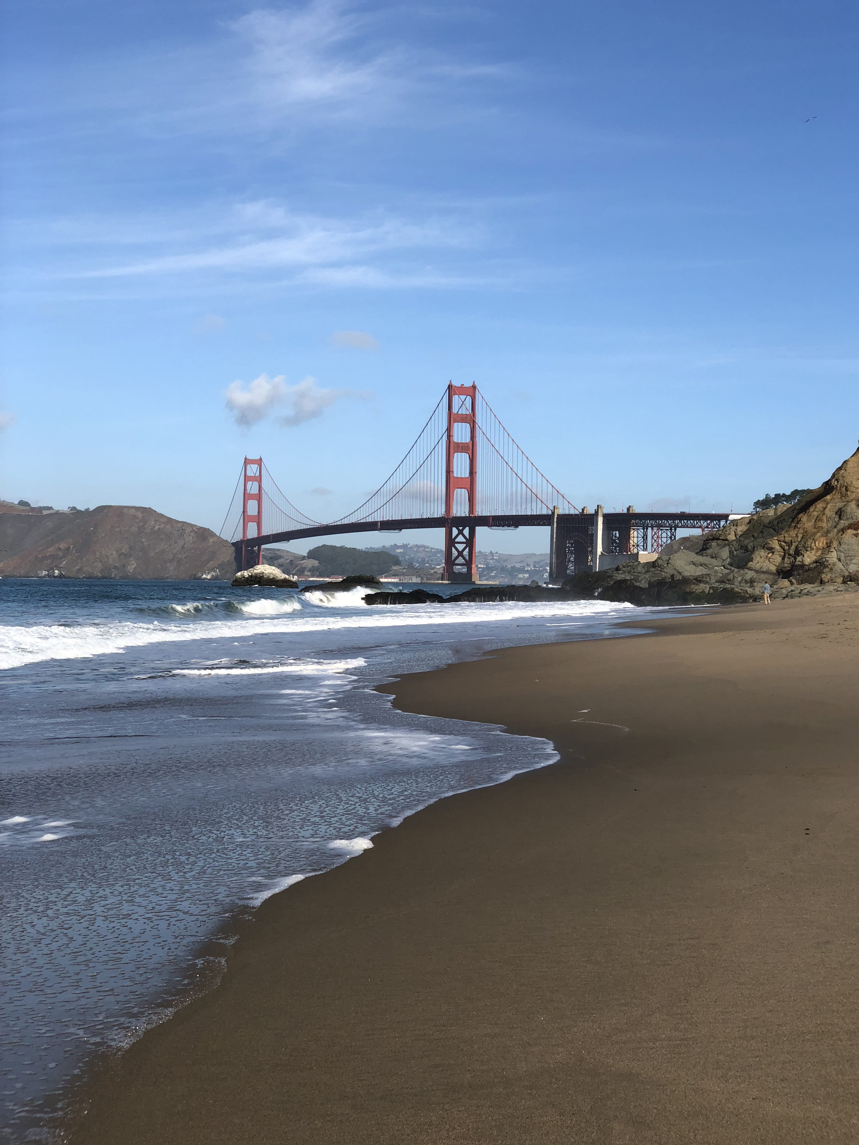 outdoors, baker beach, transportation, bay, goldan gate bridge, beach, travel destinations, sky, suspension bridge, connection, water, united states, bay of water, Phone HD Wallpaper