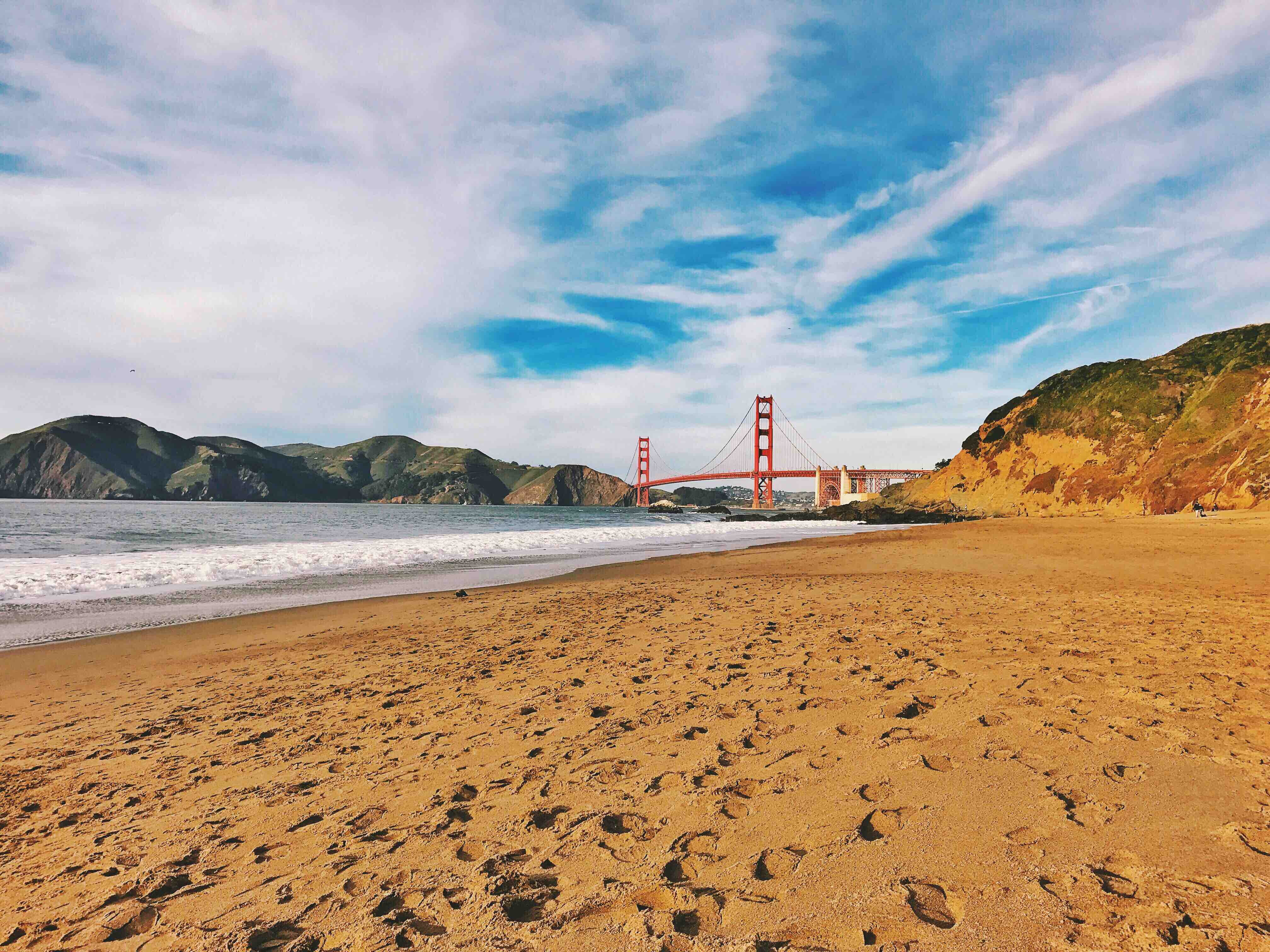 beach, baker beach, sea, no people, cloud - sky, mountain, sand, outdoors, land, scenics - nature, built structure, united states, architecture, bay, golden gate, HD Wallpaper