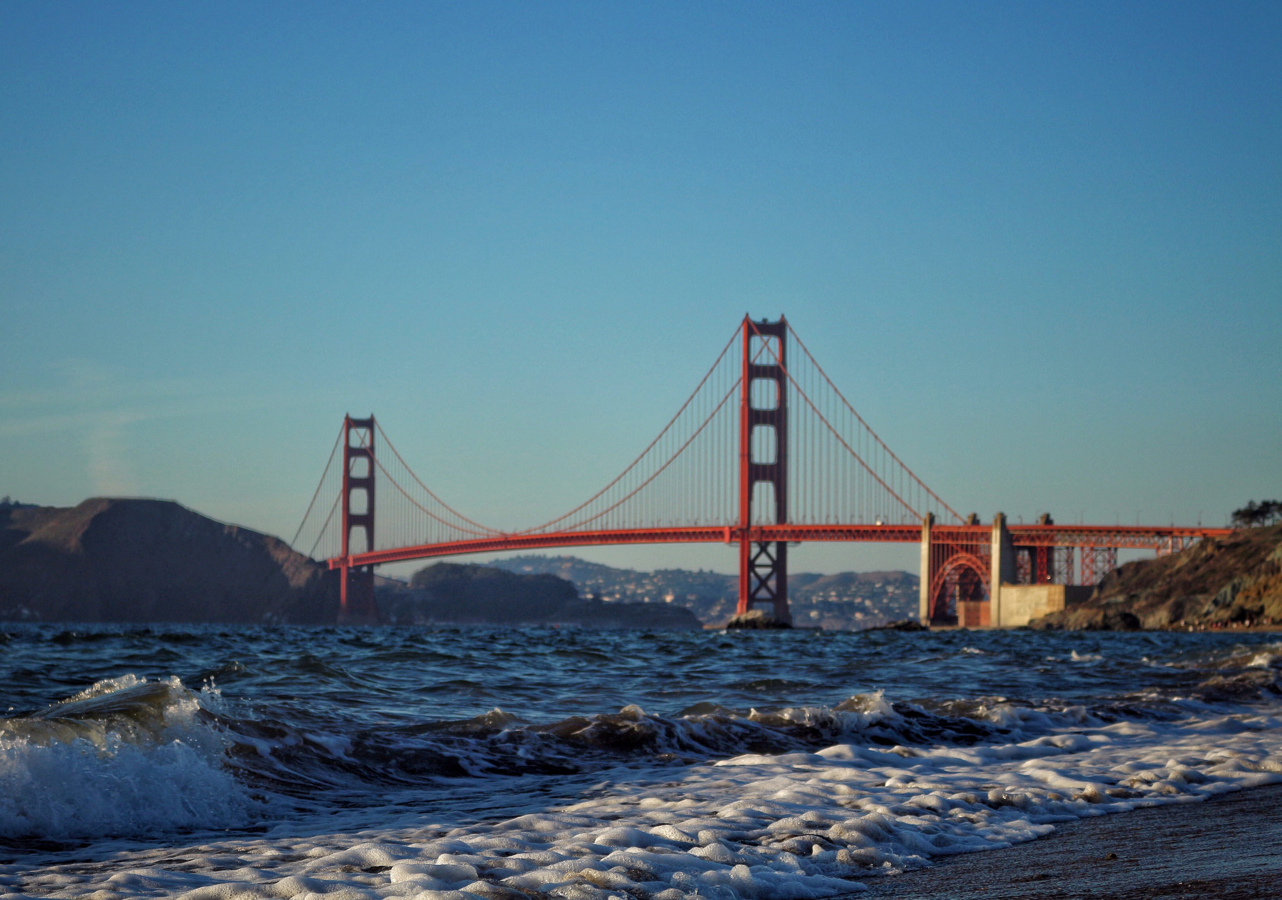 clear sky, suspension bridge, bay, connection, water, san francisco, tourism, bridge - man made structure, travel destinations, built structure, baker beach, HD Wallpaper