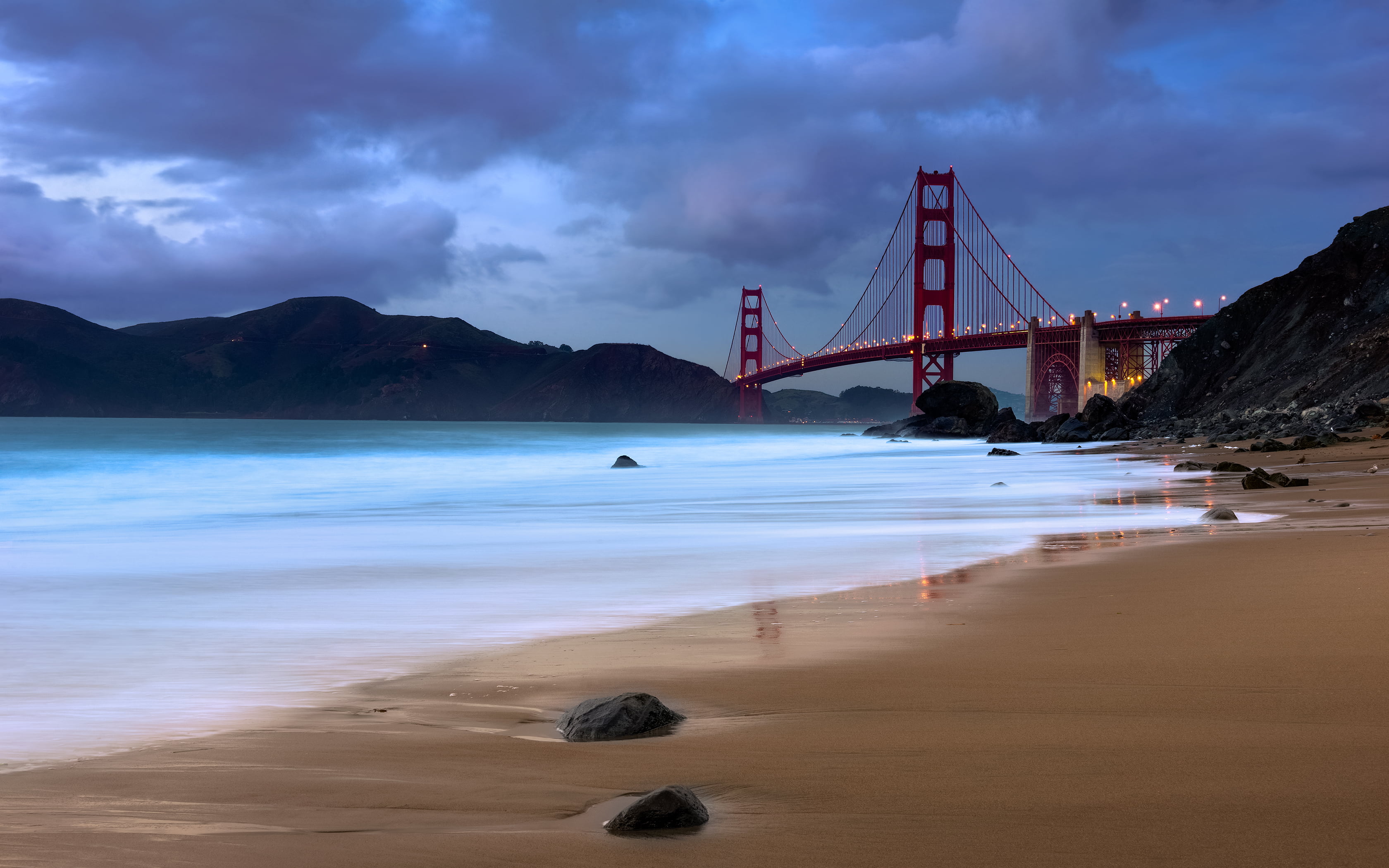 twilight, cloud - sky, golden, travel destinations, Baker Beach, Strait, sea, bridge, beauty in nature, suspension bridge, san, bridge - man made structure, HD Wallpaper