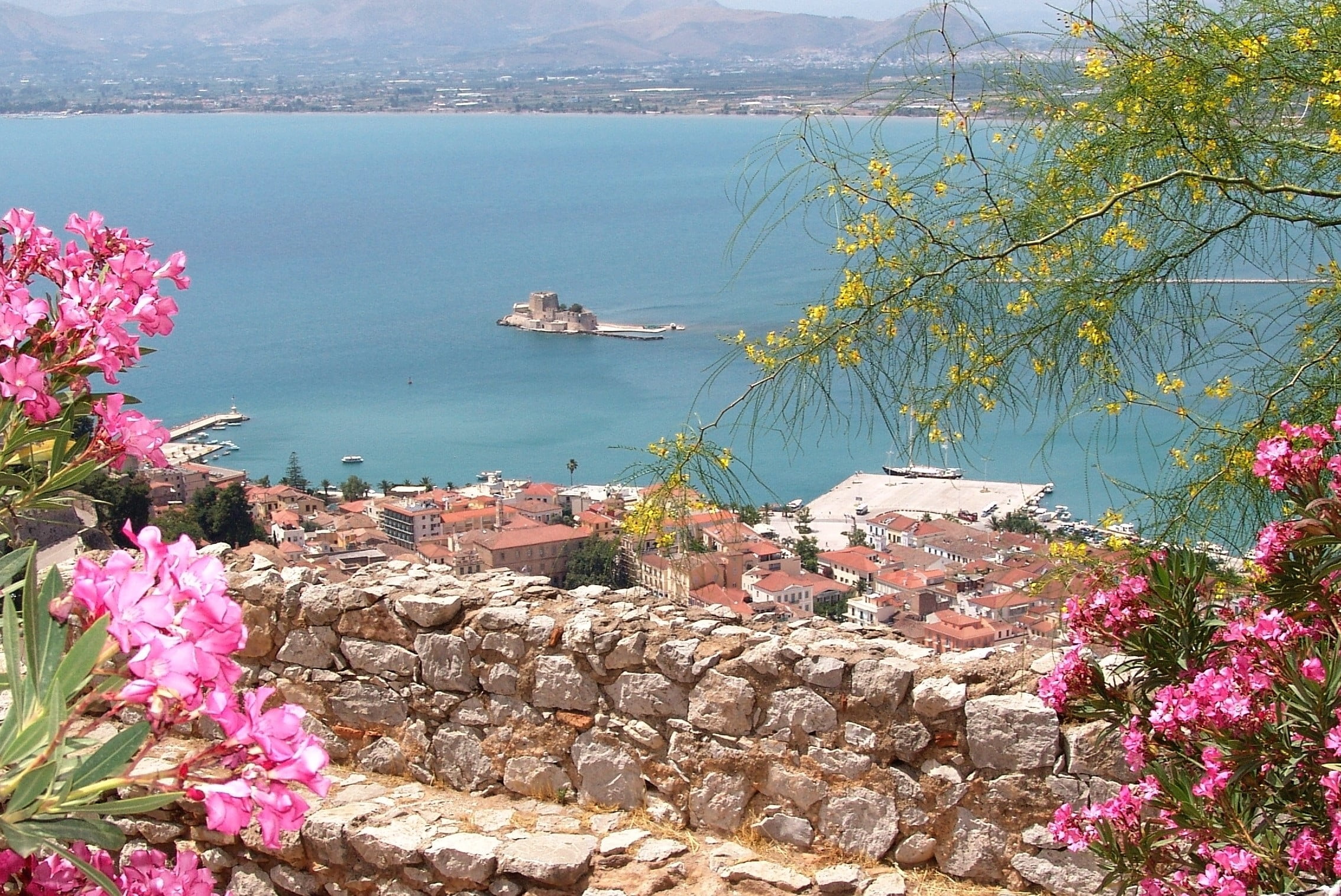 pink color, water, green, land, flowering plant, sea, building exterior, plant, day, building, nature, leaves, built structure, nafplio, greece, booked, HD Wallpaper