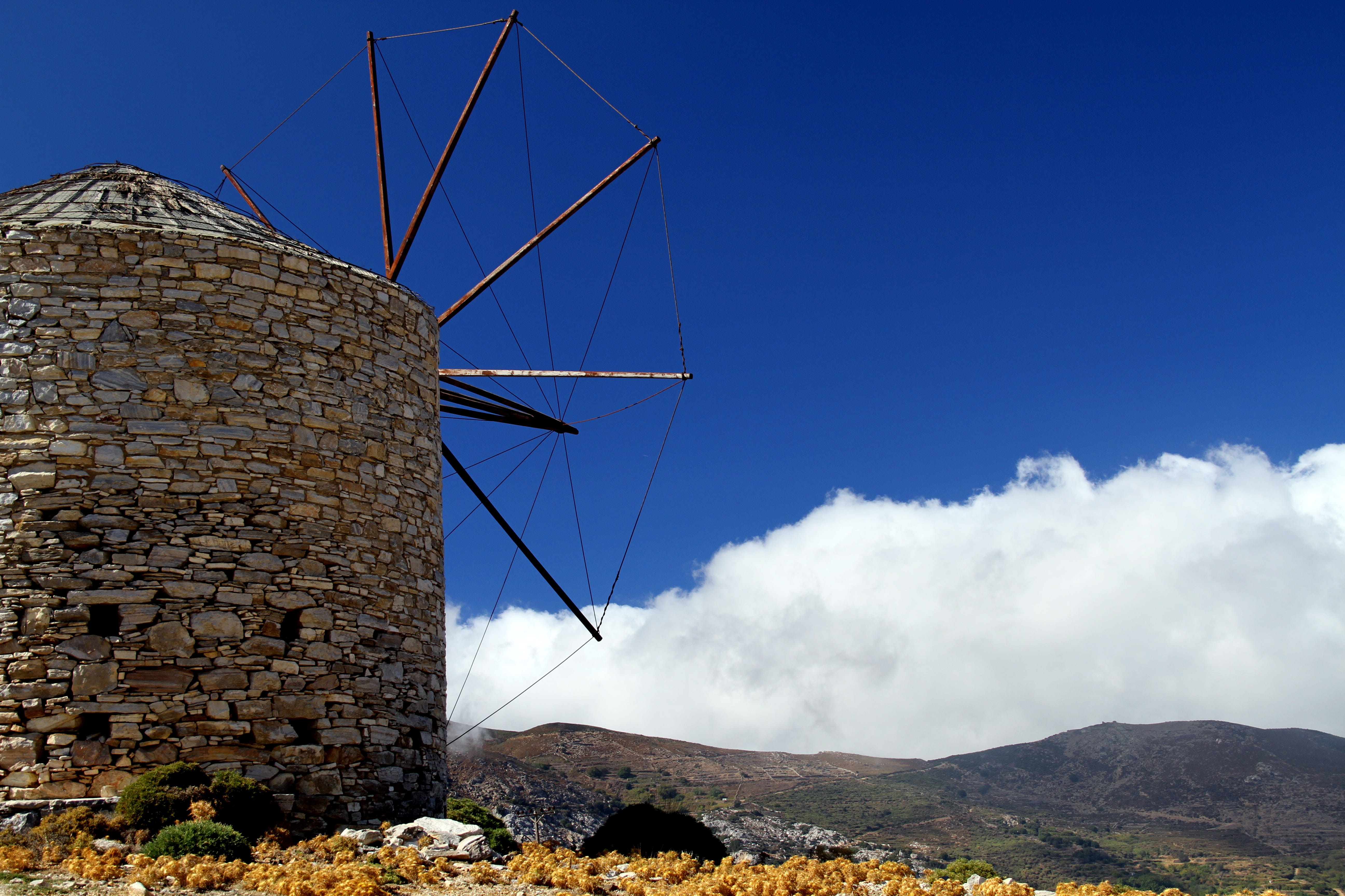 beauty in nature, wind power, mountain, nature, naxos, windmill, cyclades, landscape, cloud - sky, built structure, renewable energy, architecture, scenics - nature, HD Wallpaper