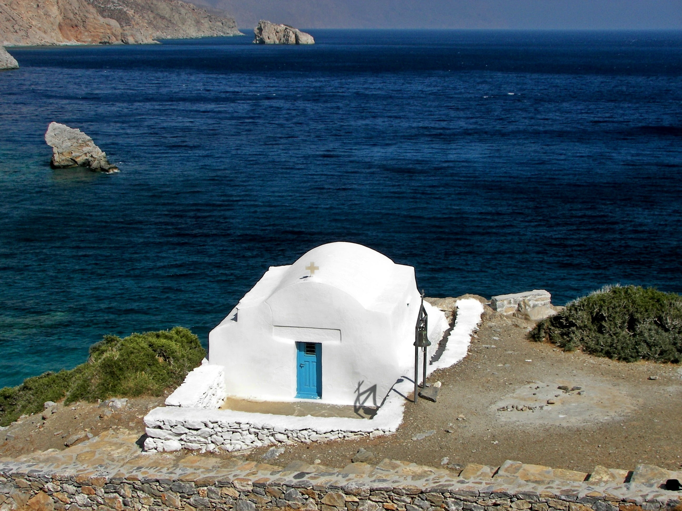 scenics - nature, horizon over water, nature, land, cyclades, solid, greece, rock, sea, 2K, tranquil scene, no people, architecture, blue, hellas, outdoors, HD Wallpaper