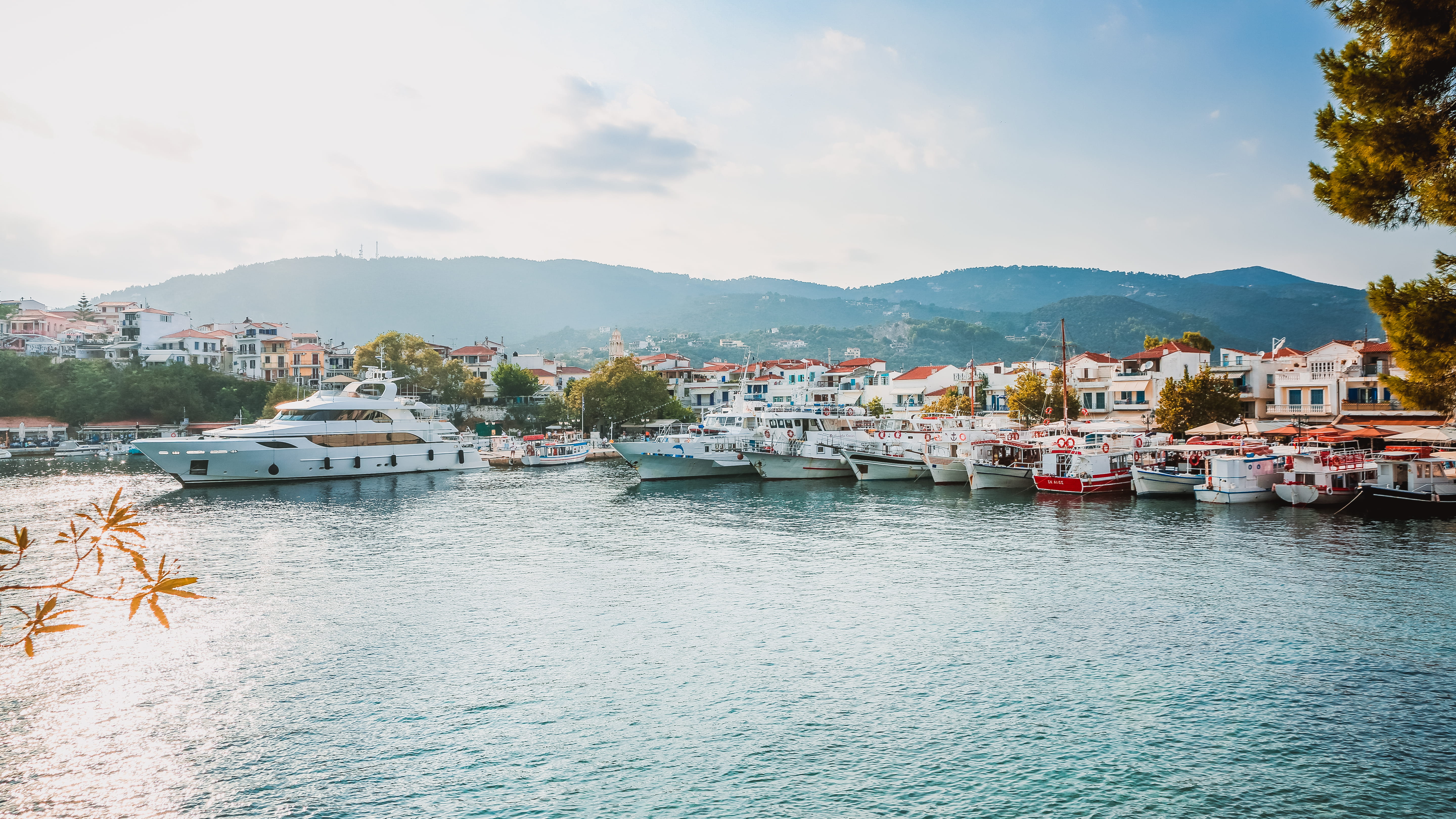 water, built structure, island, fishing industry, architecture, nautical vessel, summer, tourism, harbor, tourist, mountain range, village, mountain, greece, HD Wallpaper
