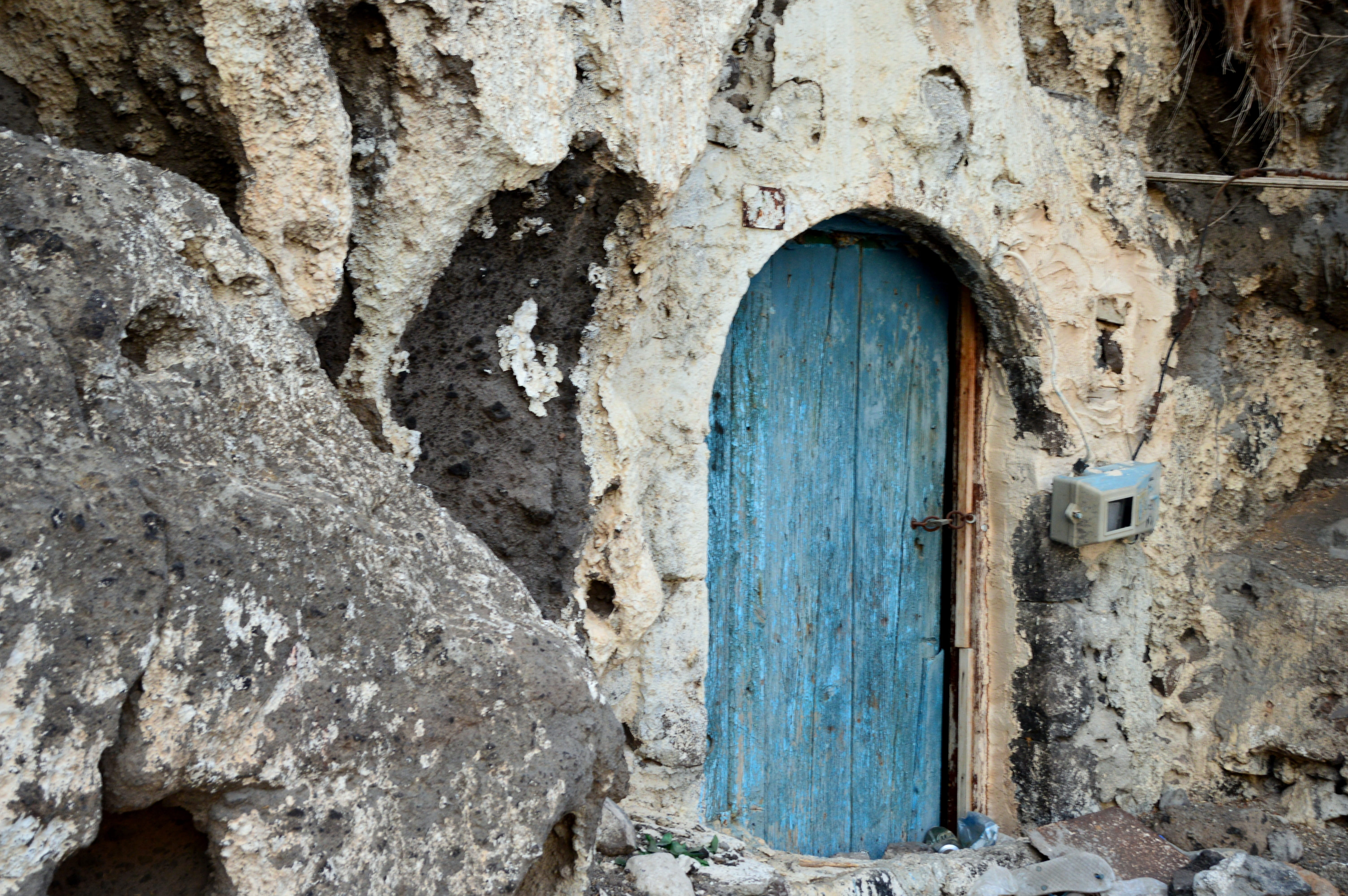 old door, old, wood, goal, greece, textured, white, outdoors, 5K, blue, stone wall, architecture, no people, wall - building feature, break up, input, HD Wallpaper