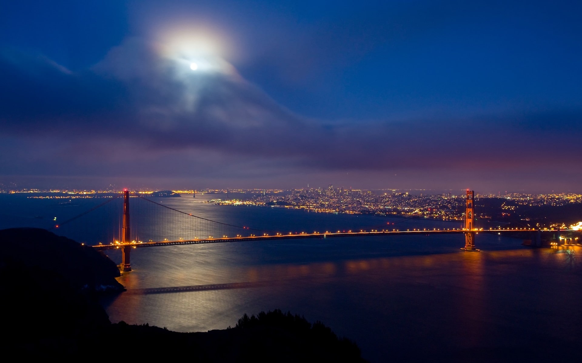 city, cloud - sky, building exterior, bridge - man made structure, 1080P, architecture, san, cityscape, transportation, water, sky, golden, outdoors, night, HD Wallpaper