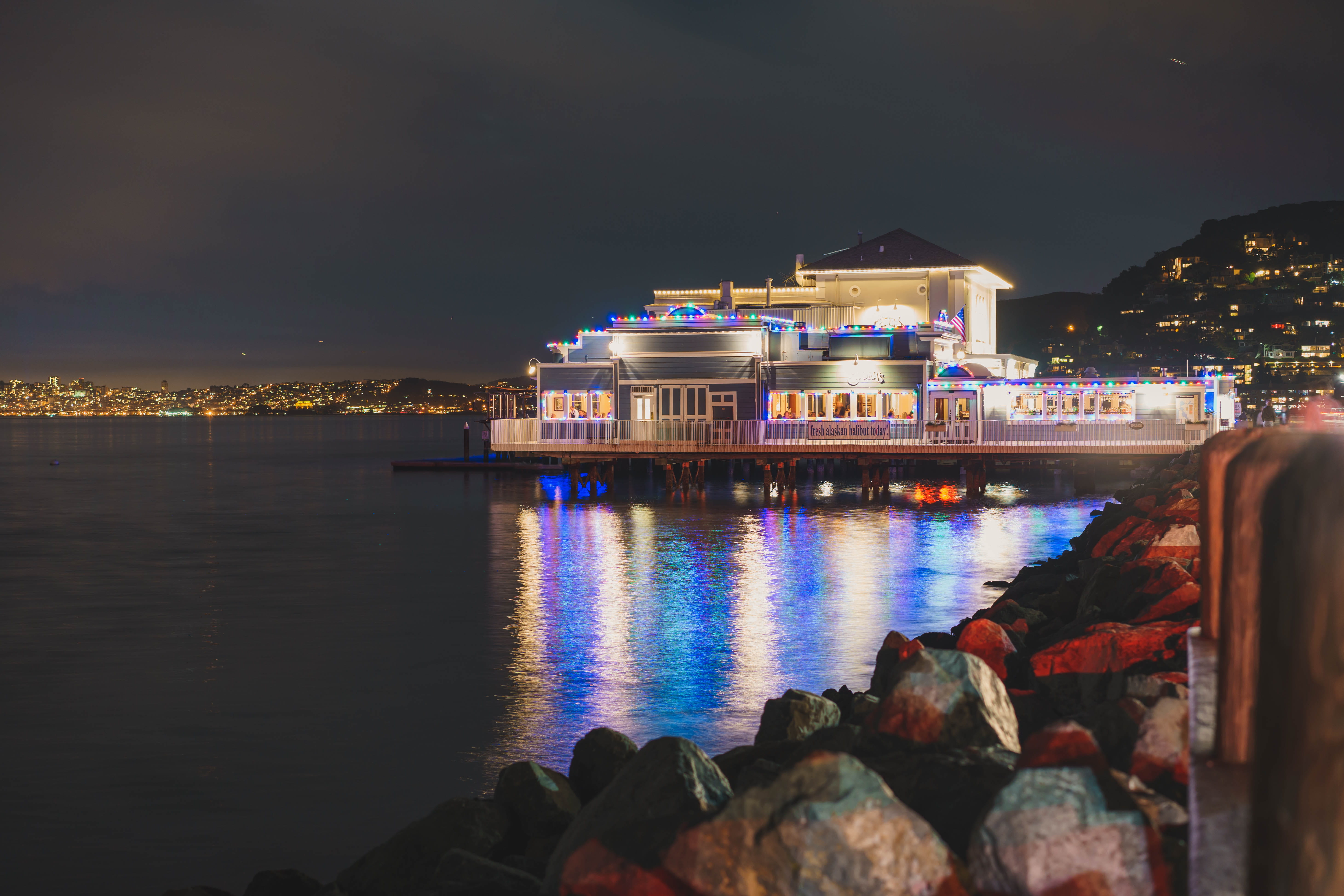 built structure, no people, nature, rock - object, sky, outdoors, night, sausalito, ocean, illuminated, lights, building exterior, architecture, reflection, HD Wallpaper