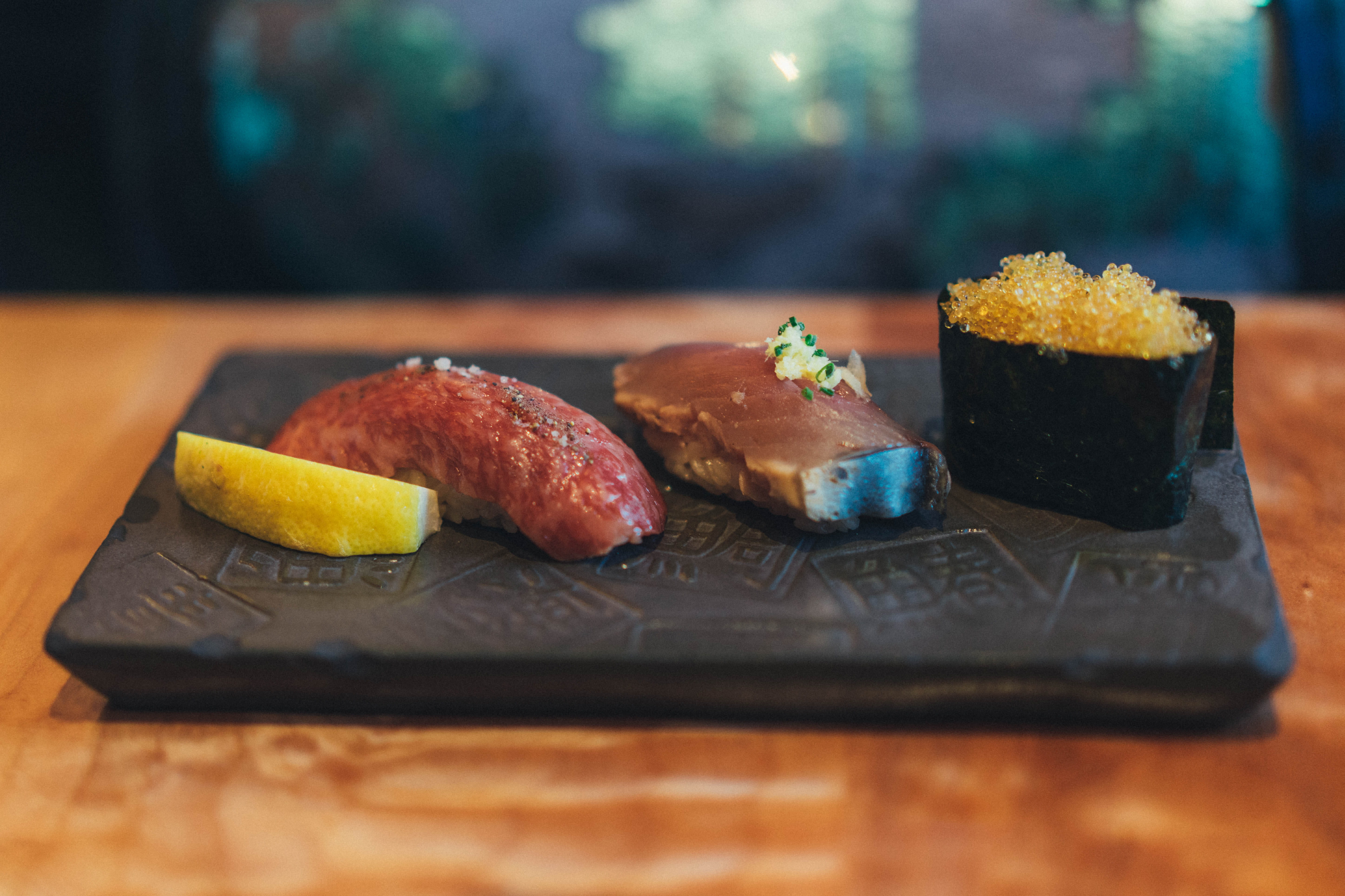 sushi, focus on foreground, selective focus, dinner, indulgence, cutting board, ready-to-eat, indoors, tray, healthy eating, breakfast, meat, fish, wood - material, HD Wallpaper