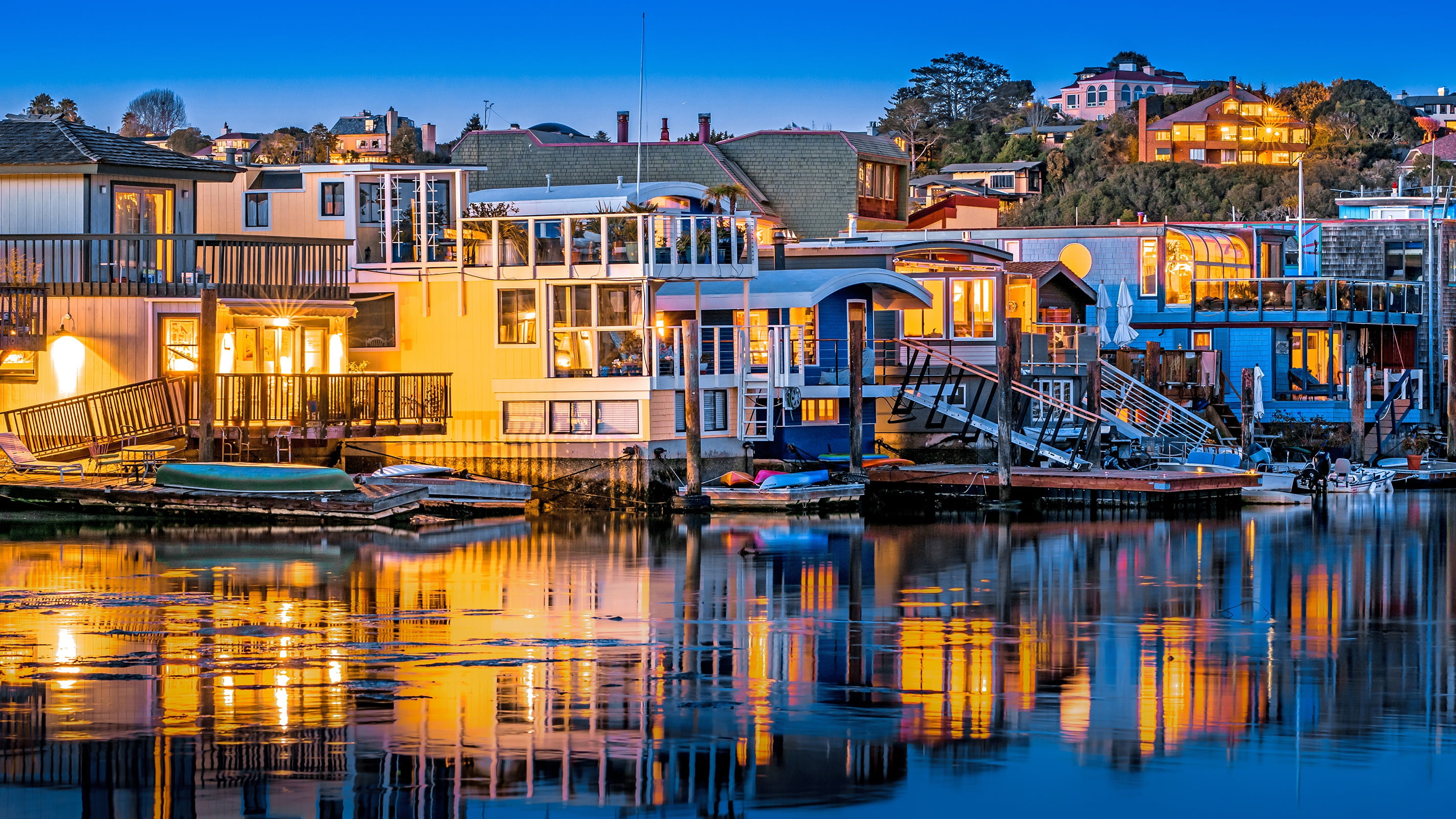 home, 2K, USA, trees, Sausalito, the evening, CA, lights, piers, shore, boats, river, HD Wallpaper