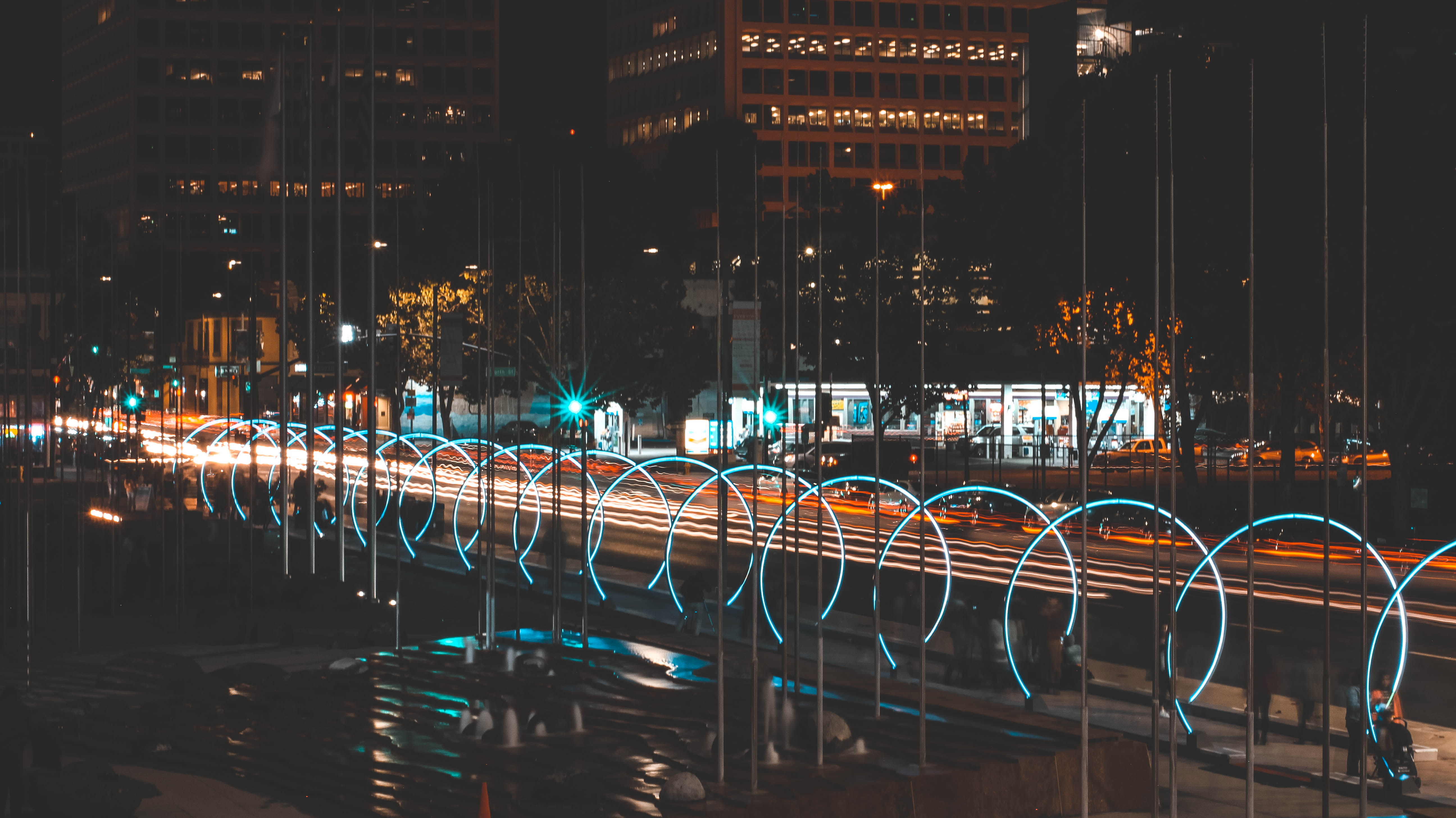 night life, architecture, water, long exposure, sonic runway, san jose city hall, 5K, reflection, building exterior, cityscape, outdoors, transportation, HD Wallpaper