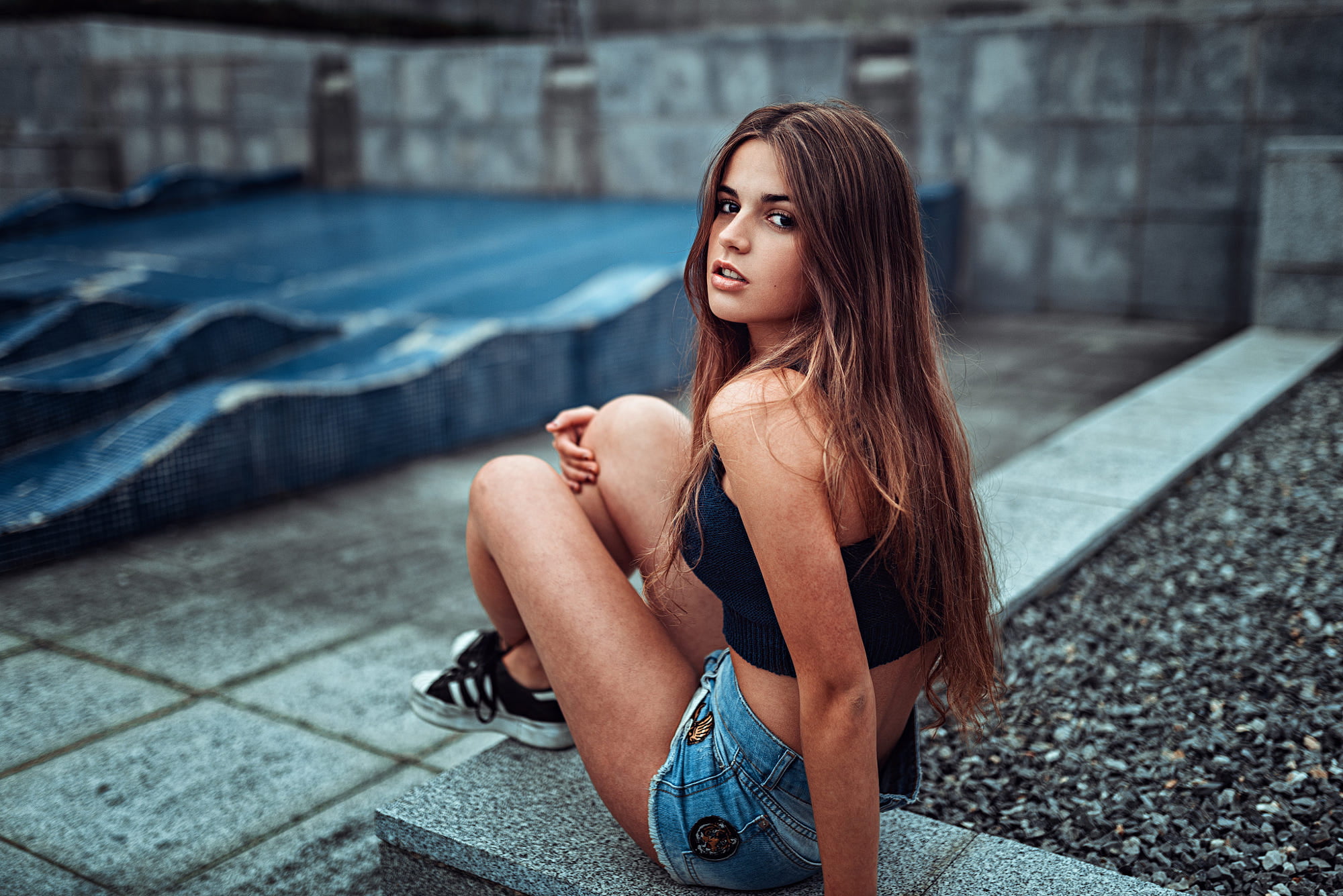 face, dark eyes, short shorts, legs, brunette, lifestyles, young women, looking, young adult, brown hair, depression - sadness, swimming pool, Jose Bruzos, HD Wallpaper