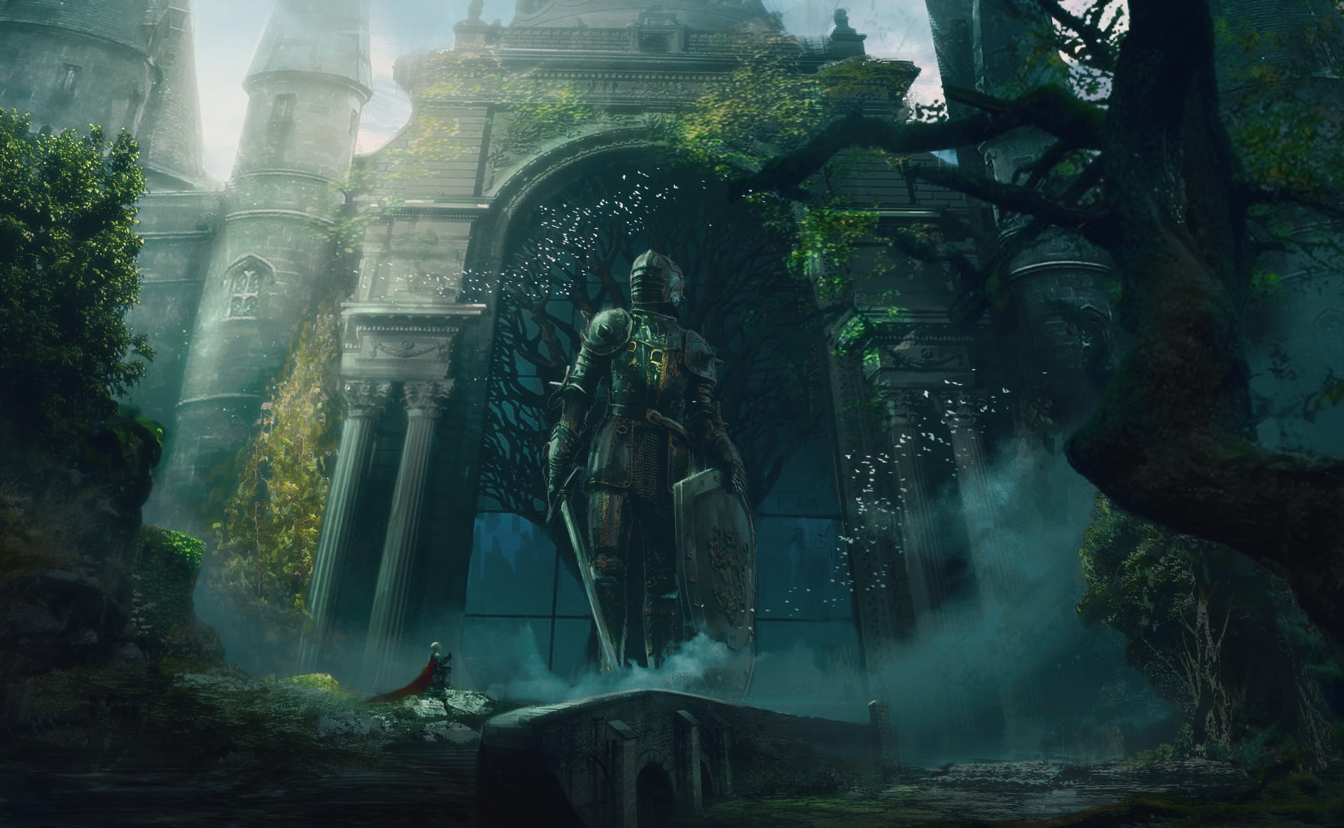 1080P, knight, castle, digital art, gates, statue, fantasy art, artwork, HD Wallpaper