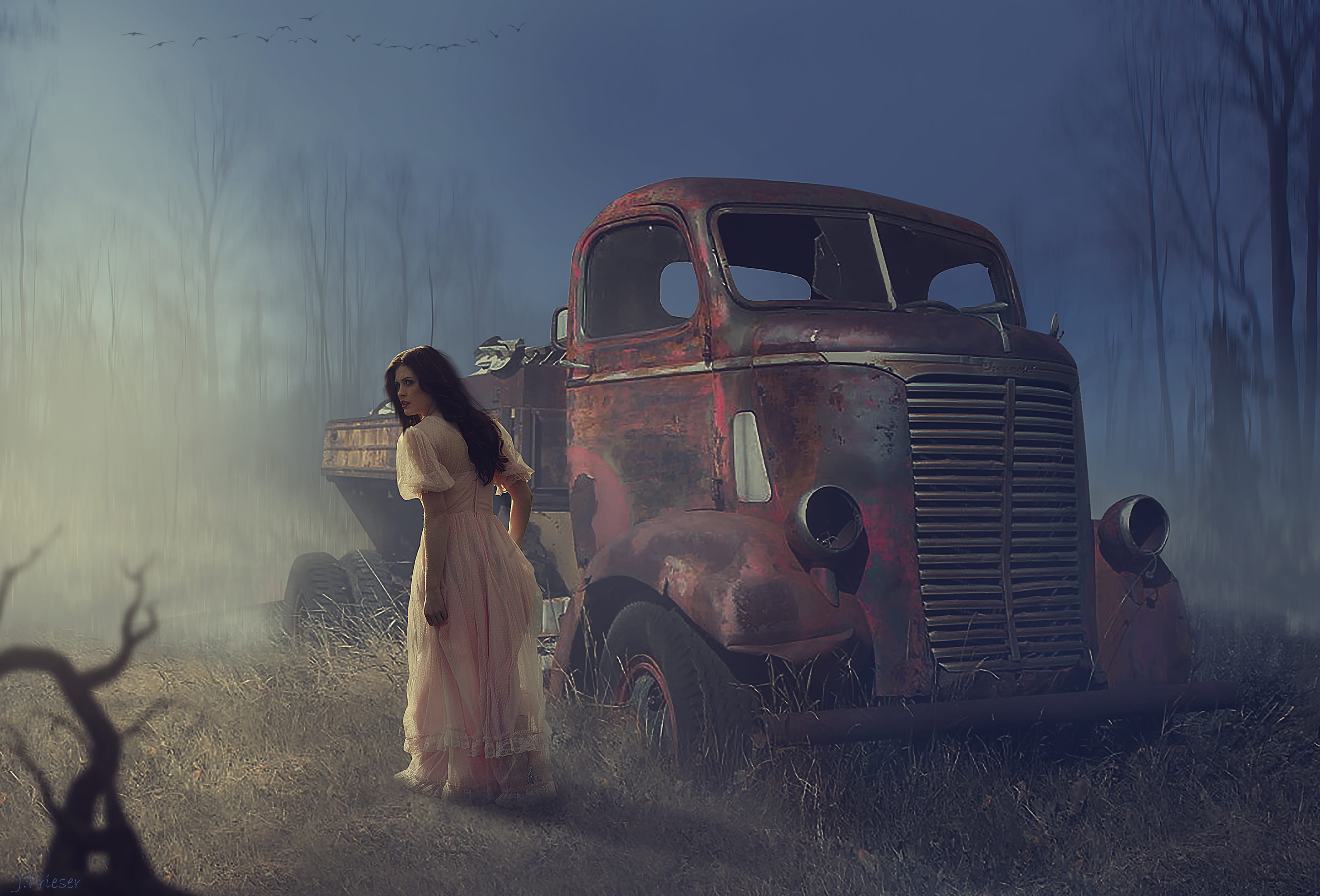 car, women, commercial vehicle, oldtimer, land vehicle, outdoors, auto, trees, american, one person, real people, transport, dark, damaged, stationary, HD Wallpaper