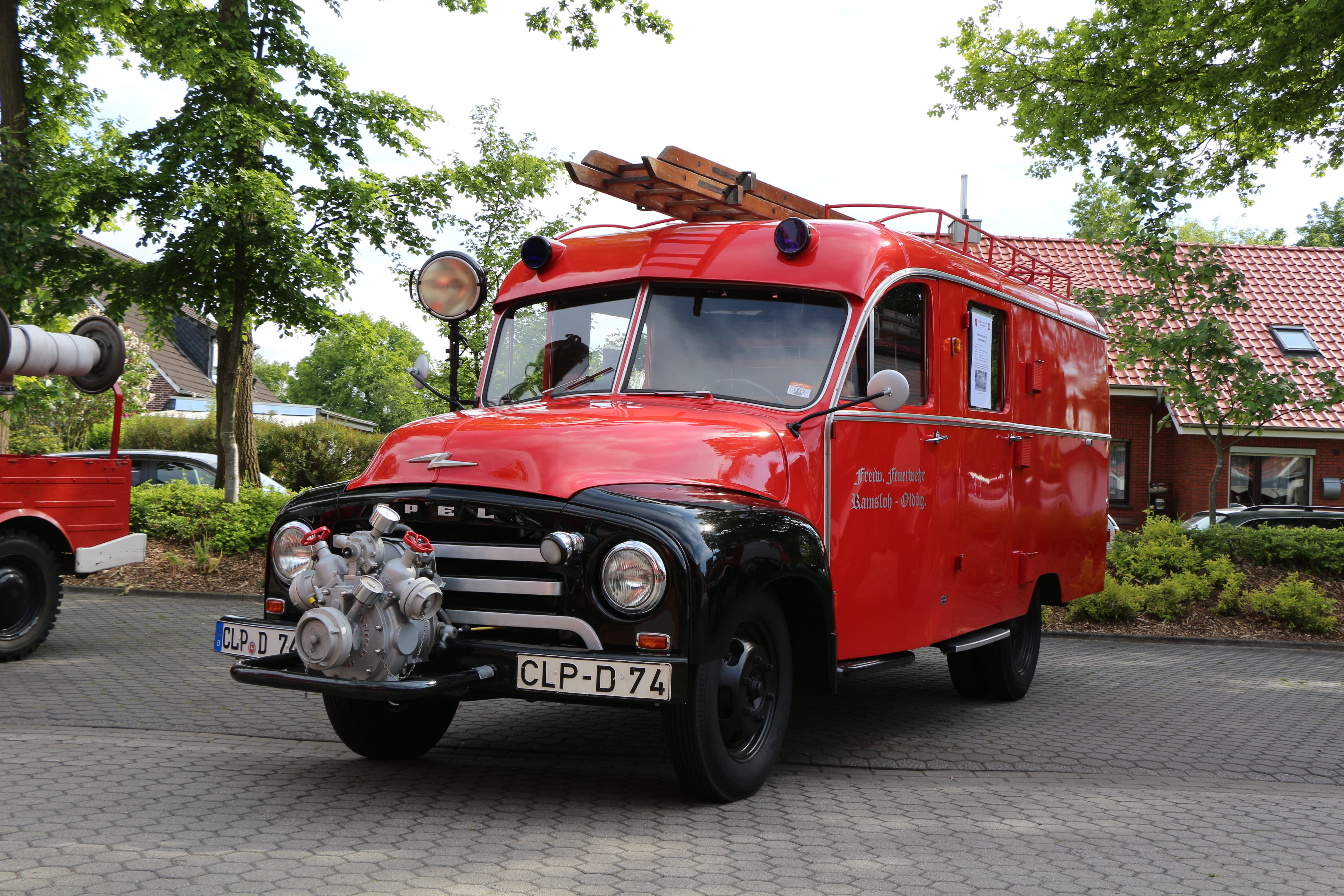 stationary, architecture, motor vehicle, fire, opel, road, old vehicle, travel, fire engine, Vehicle, rarity, building exterior, land vehicle, tree, city, HD Wallpaper
