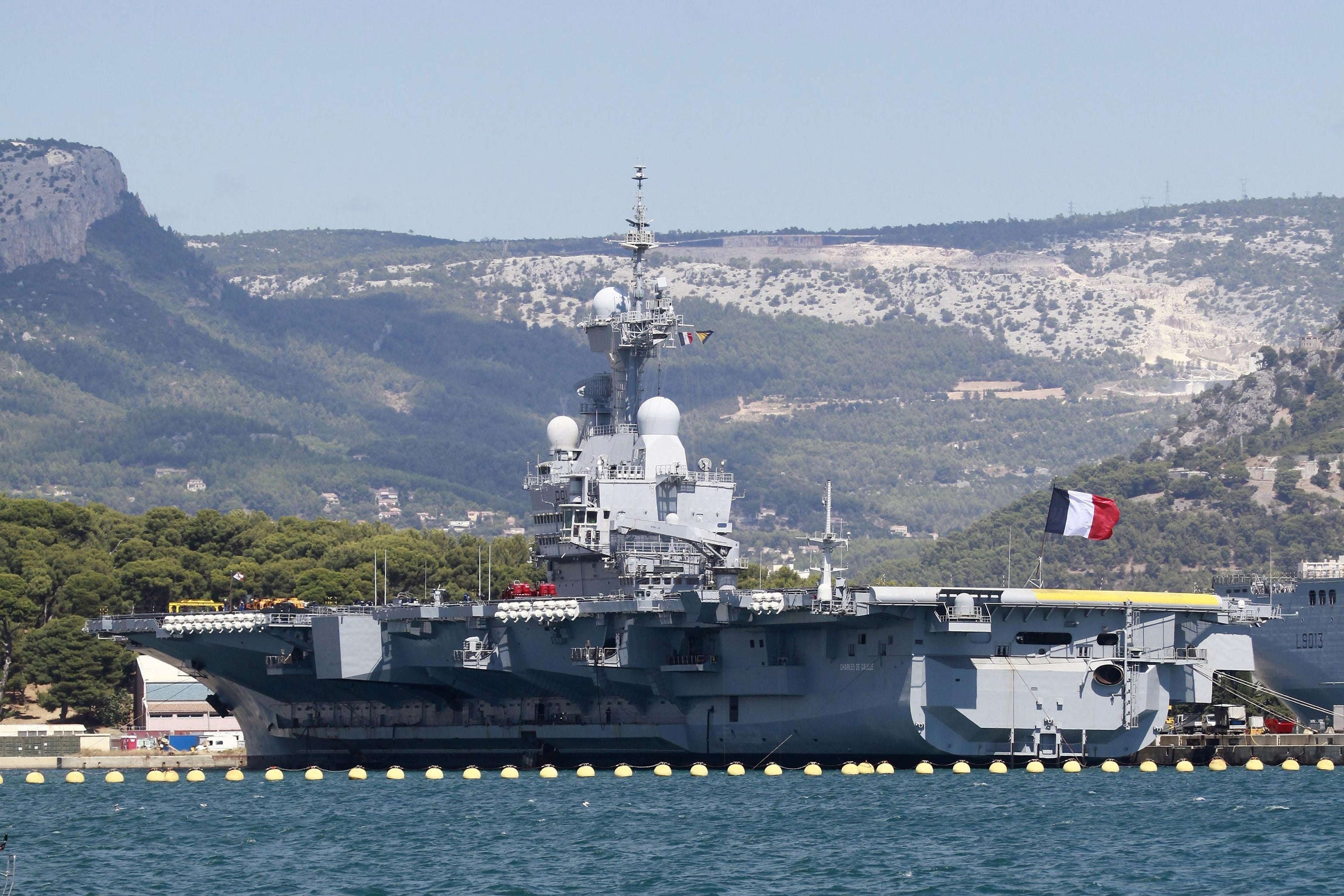aircraft carrier, ship, day, sea, architecture, water, navy, mountain, aggression, no people, patriotism, waterfront, shipping, France, nature, Charles de Gaulle, HD Wallpaper
