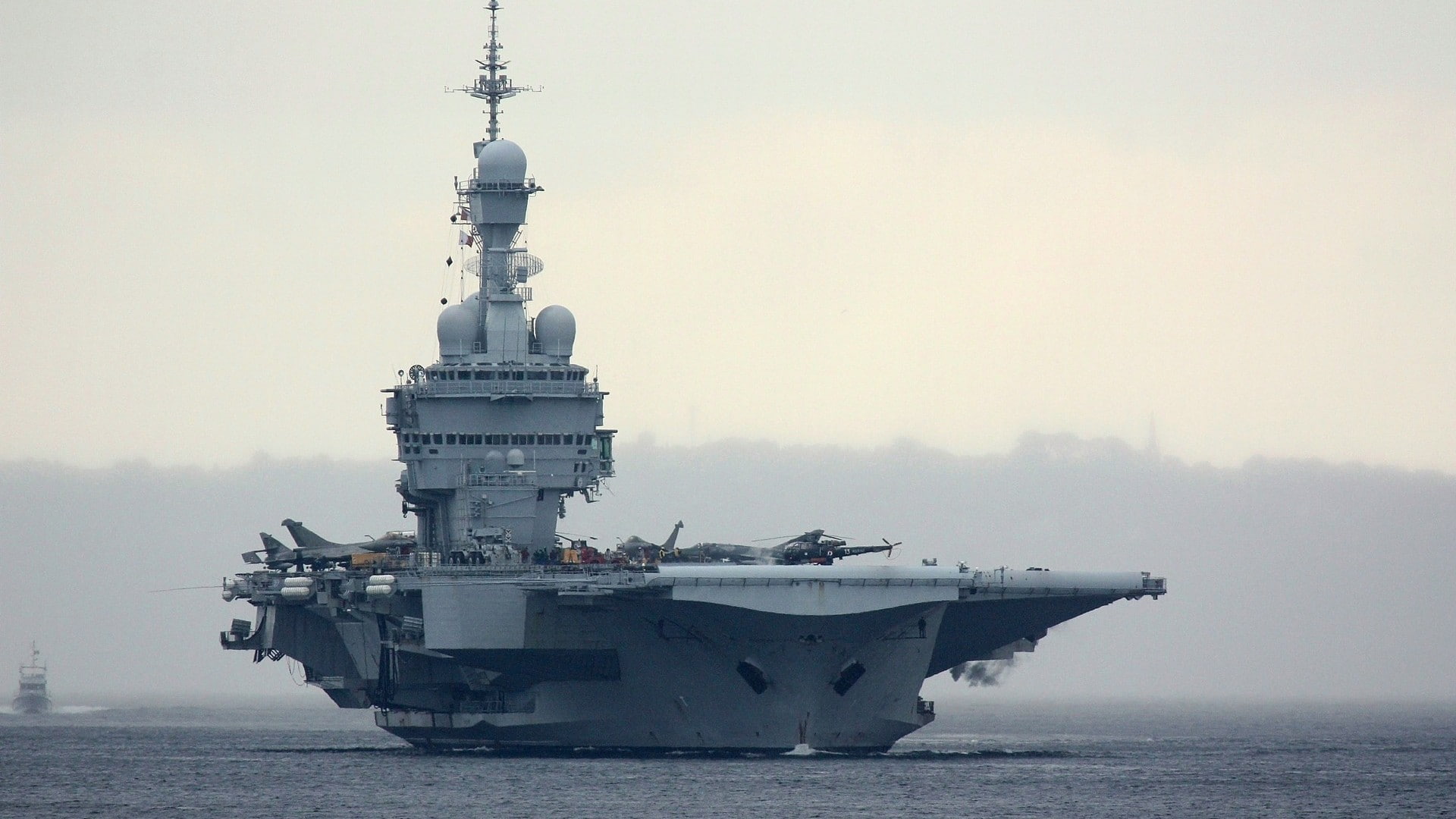 copy space, sky, aircraft carrier, sea, fog, aggression, navy, mode of transportation, ship, nautical vessel, water, no people, 1080P, military, Charles de Gaulle (aircraft carrier), HD Wallpaper