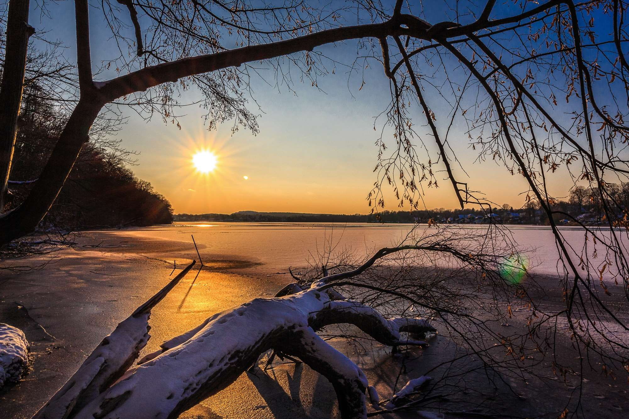 sunset, lake, ice, outdoors, orange color, tree, blue, sun, tranquility, no people, 1080P, beautiful, brandenburg, non-urban scene, sky, frozen, cold temperature, HD Wallpaper