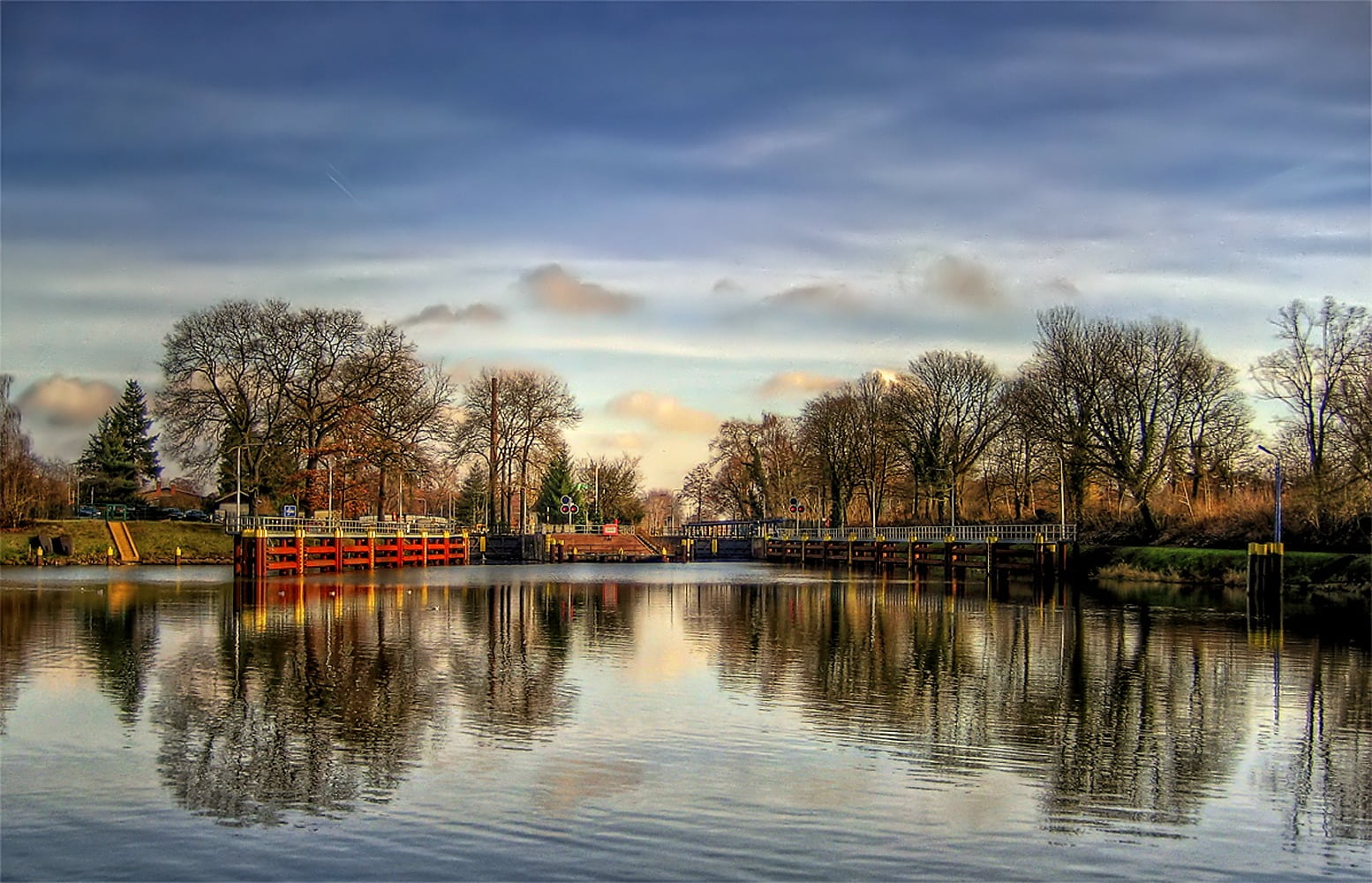 channel, beauty in nature, 720P, daytime, clear, winter, waterfront, park - Man Made Space, brandenburg, riverbank, port, plant, clouds, lake, architecture, HD Wallpaper