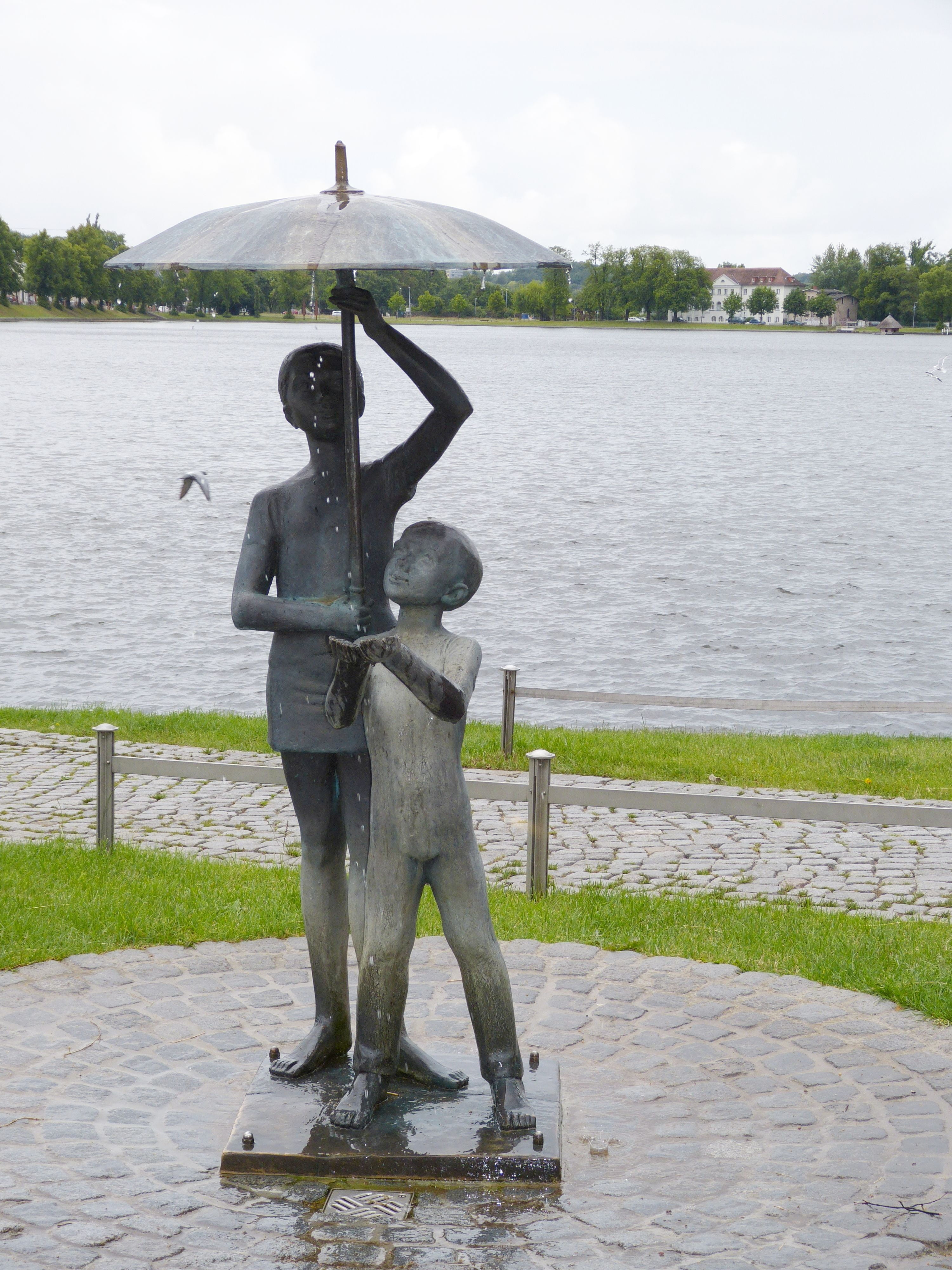 park, nature, state capital, outdoors, scenics - nature, lake, protect, child, mecklenburg western pomerania, human representation, statue, umbrella, plant, Phone HD Wallpaper
