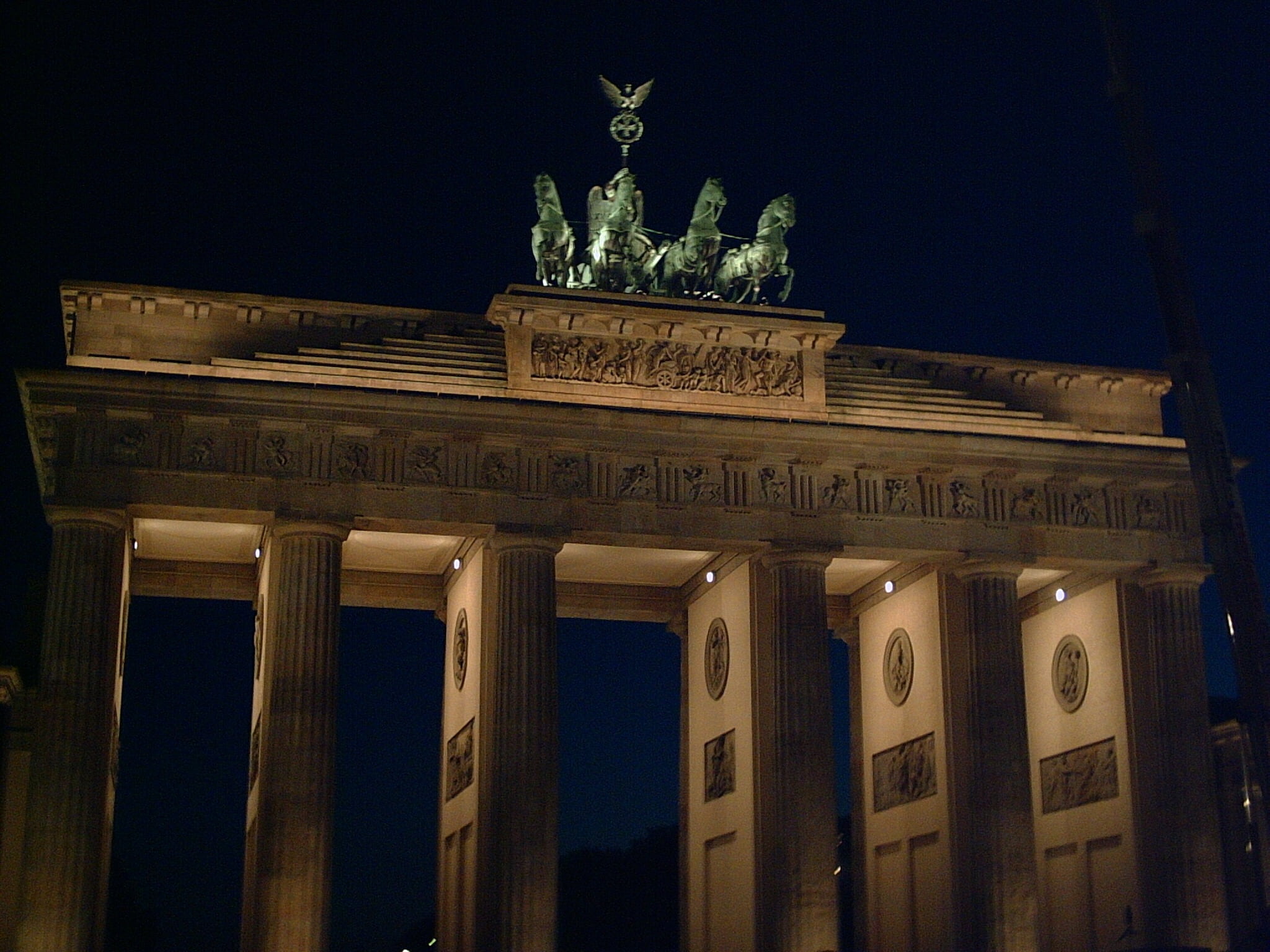 no people, travel, brandenburg, 1080P, building exterior, the past, tourism, city, illuminated, travel destinations, art and craft, goal, night, city gate, HD Wallpaper