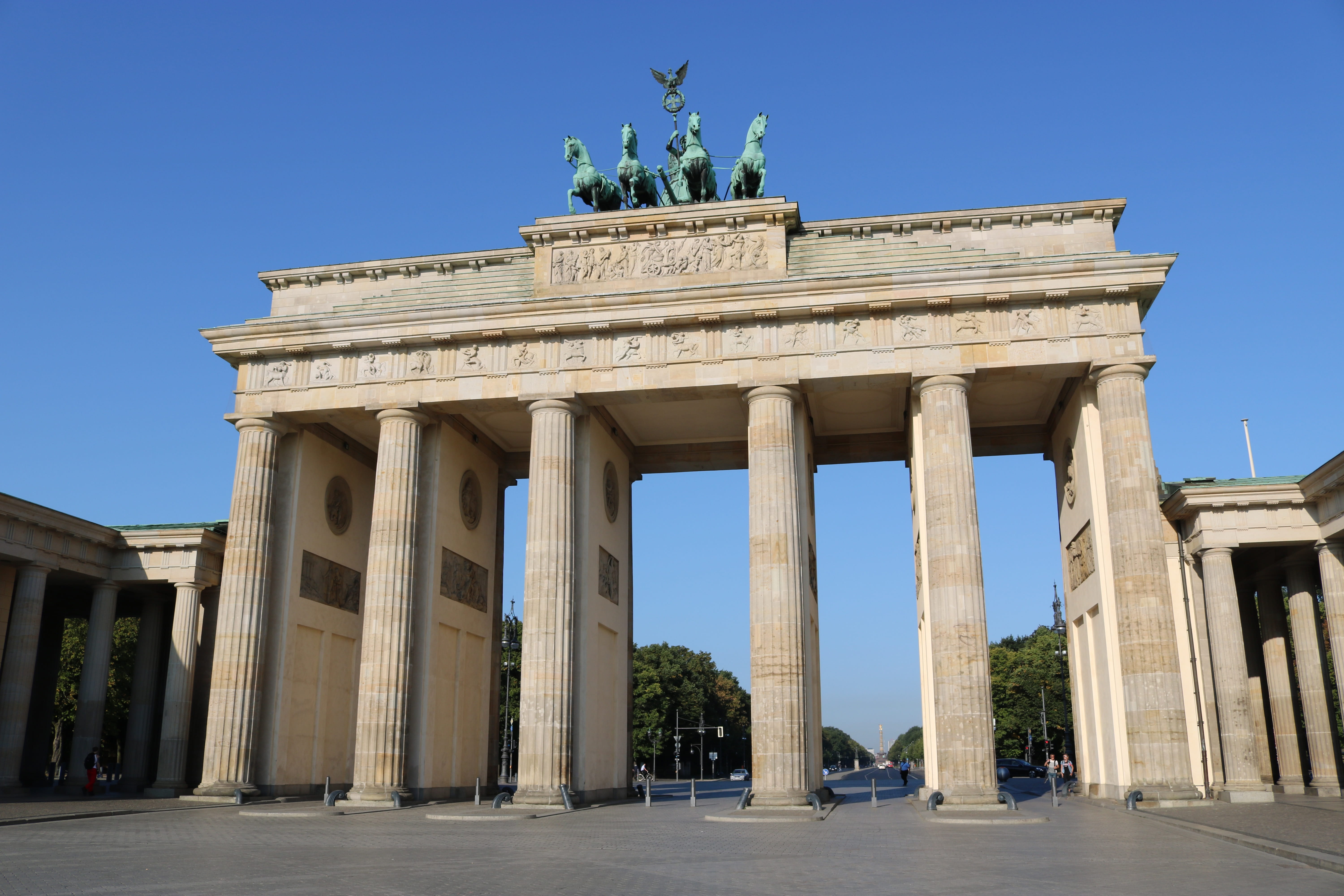 brandenburg gate, columnar, statue, landmark, architectural column, berlin, 5K, representation, history, monument, clear sky, sky, the past, nature, built structure, HD Wallpaper