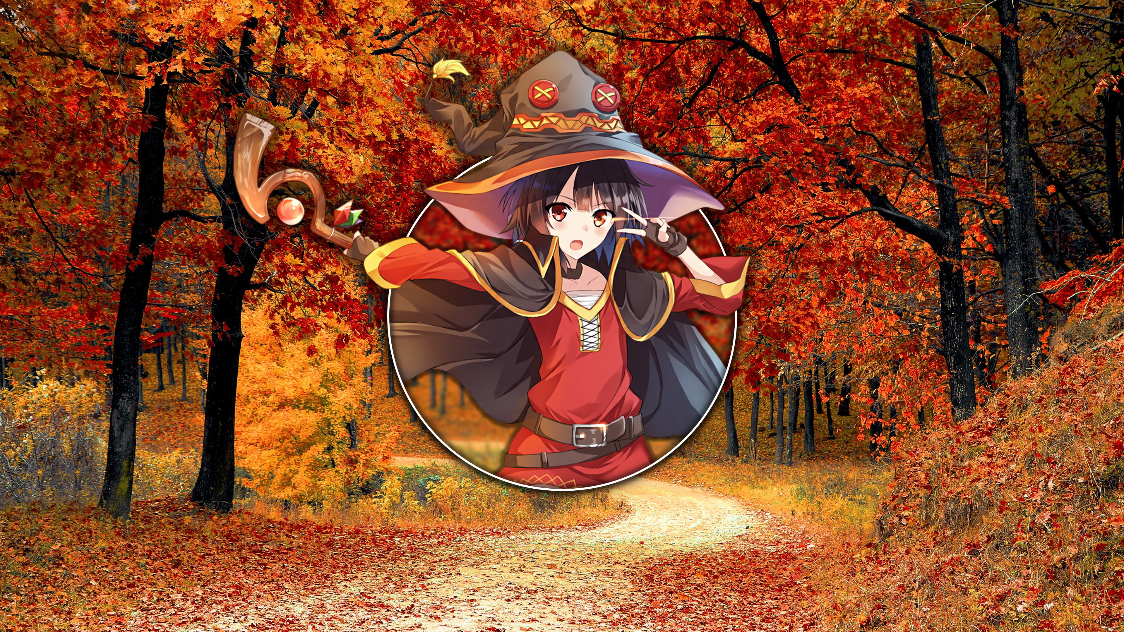 orange color, anime girls, scarf, dark hair, forest, plant part, real people, Megumin, outdoors, nature, clothing, one person, Kono Subarashii Sekai ni Shukufuku wo!, HD Wallpaper