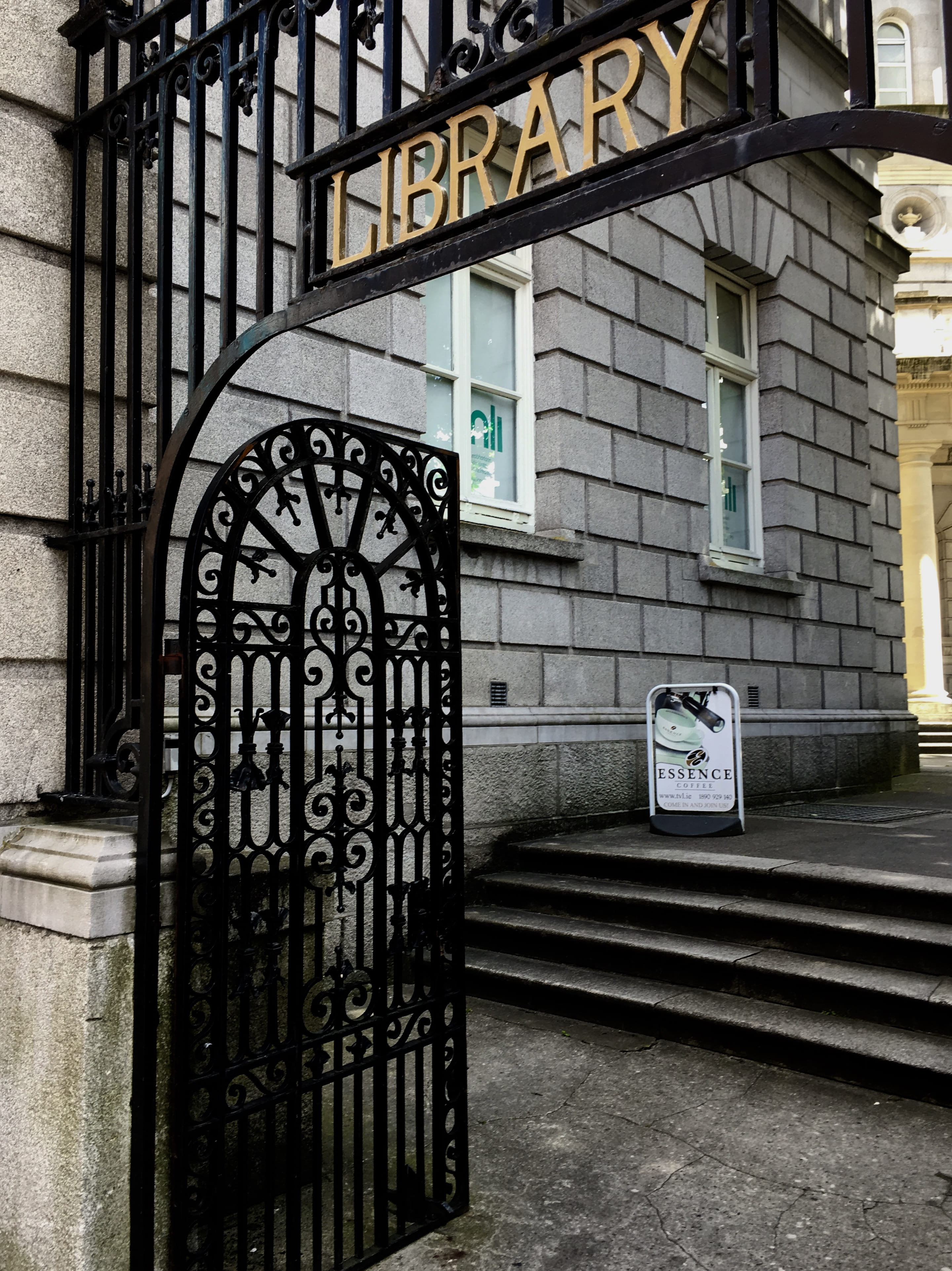 sign, architecture, entrance, information, wrought iron, railing, outdoors, building, dublin, building exterior, european, city, gate, western script, ireland, Phone HD Wallpaper